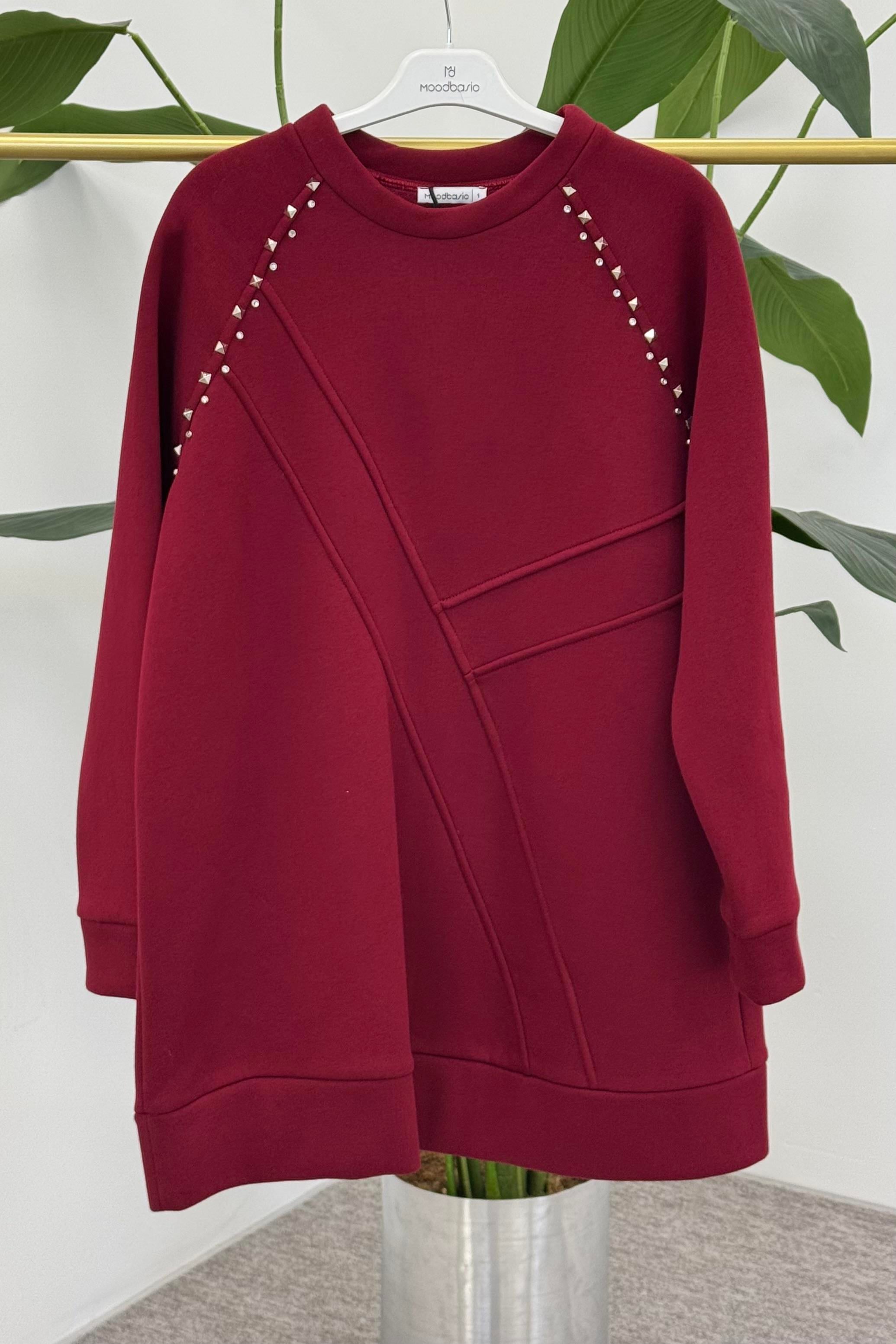 MOODBASİC Moodbasic Mb21.286 İçi Polarlı Zımbalı Tunik - Bordo  Tunik 