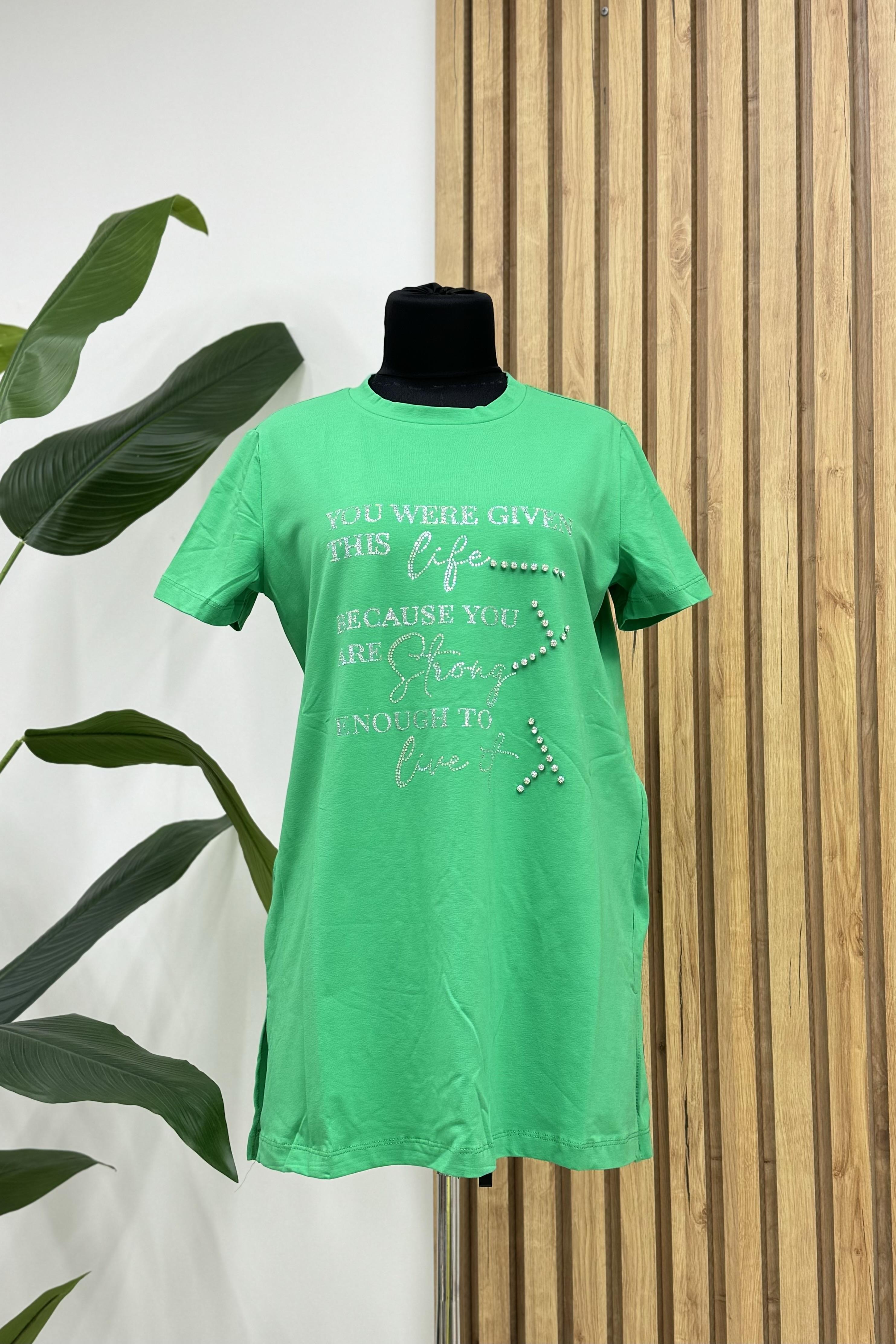 MOODBASİC Moodbasic Mb27.179 Simli Taş İşlemeli Yazılı T-Shirt - Yeşil  T-shirt