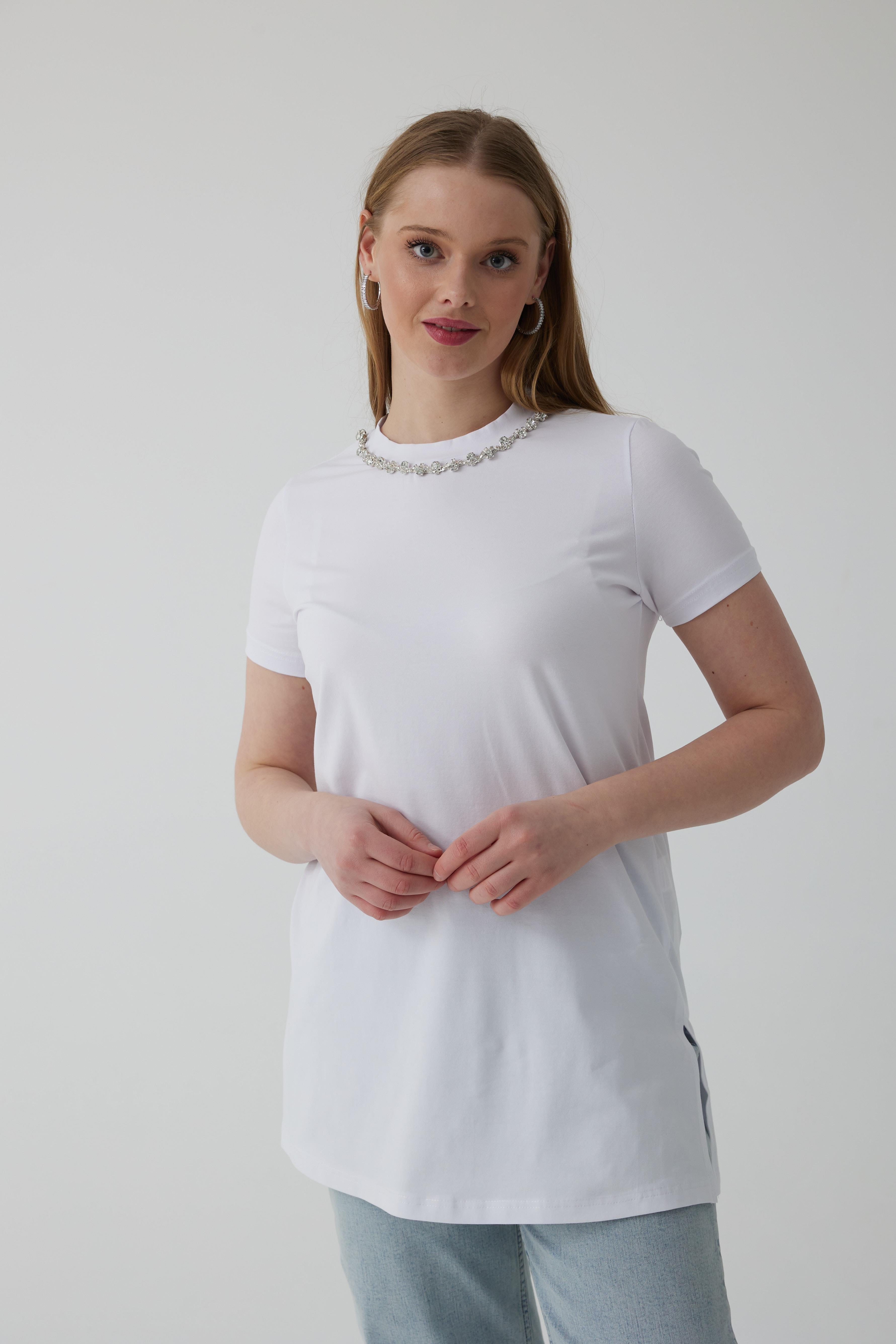 MOODBASİC Moodbasic Mb27.167 Taşlı Şeritli T-Shirt - Beyaz  T-shirt