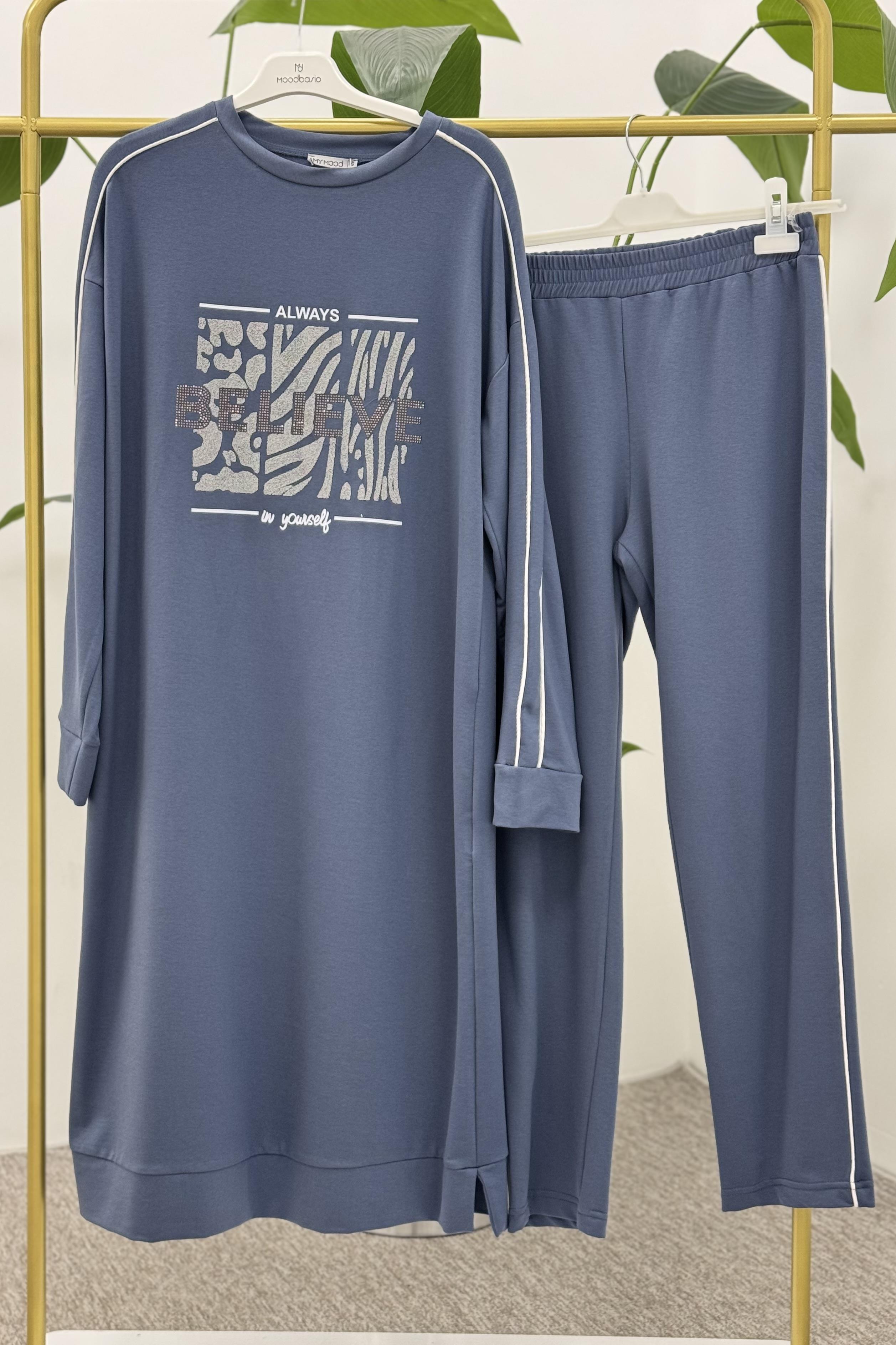 MOODBASİC Moodbasic Mm08.0360 Taşlı Pantolonlu Eşofman Takım - İndigo  Takım 
