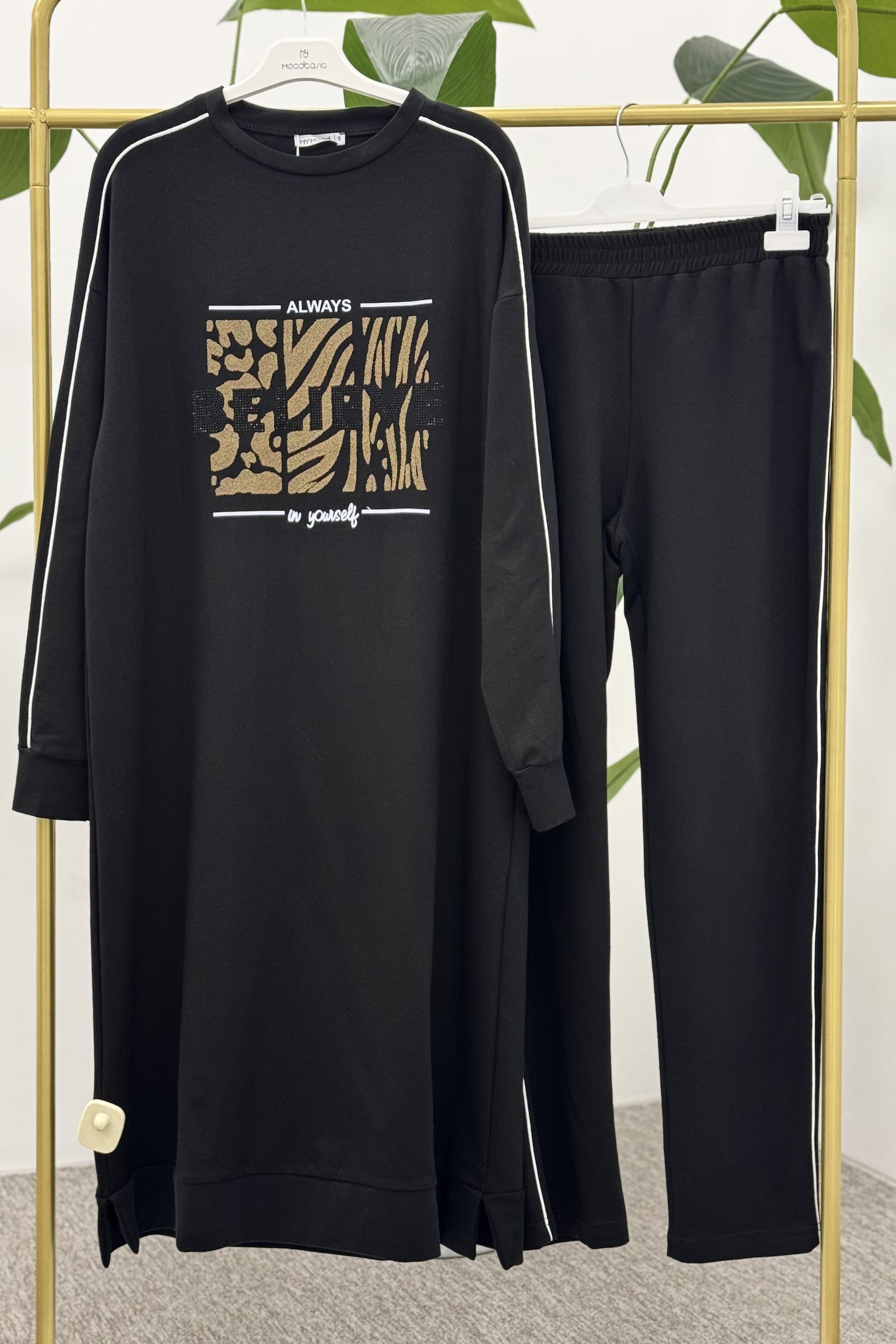 MOODBASİC Moodbasic Mm08.0360 Taşlı Pantolonlu Eşofman Takım - Siyah  Takım 