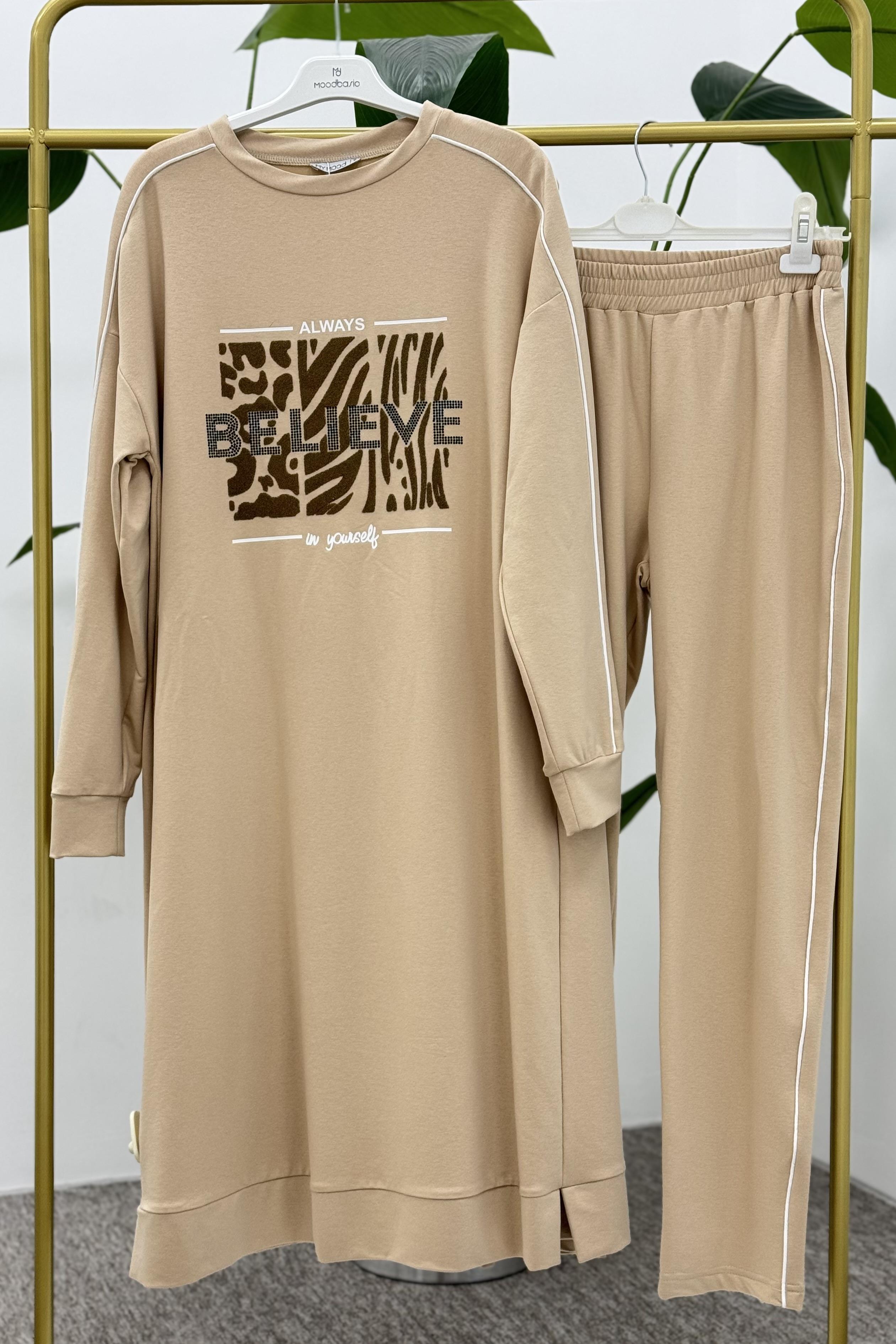MOODBASİC Moodbasic Mm08.0360 Taşlı Pantolonlu Eşofman Takım - Bej  Takım 