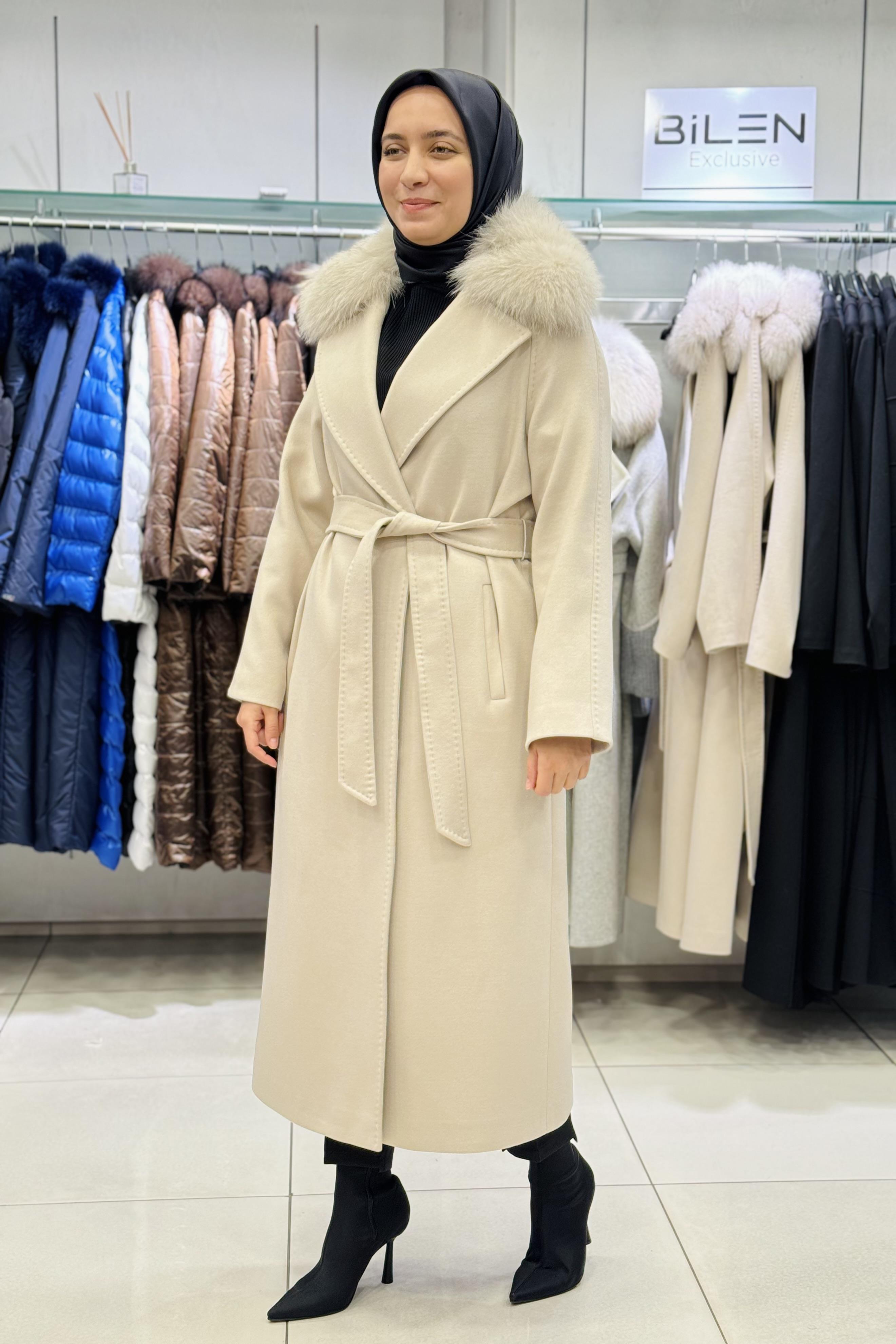 NCL Ncl 23600 Exclusive Cashmere Tam Boy Kürklü Manto - Taş  Kaban & Mont