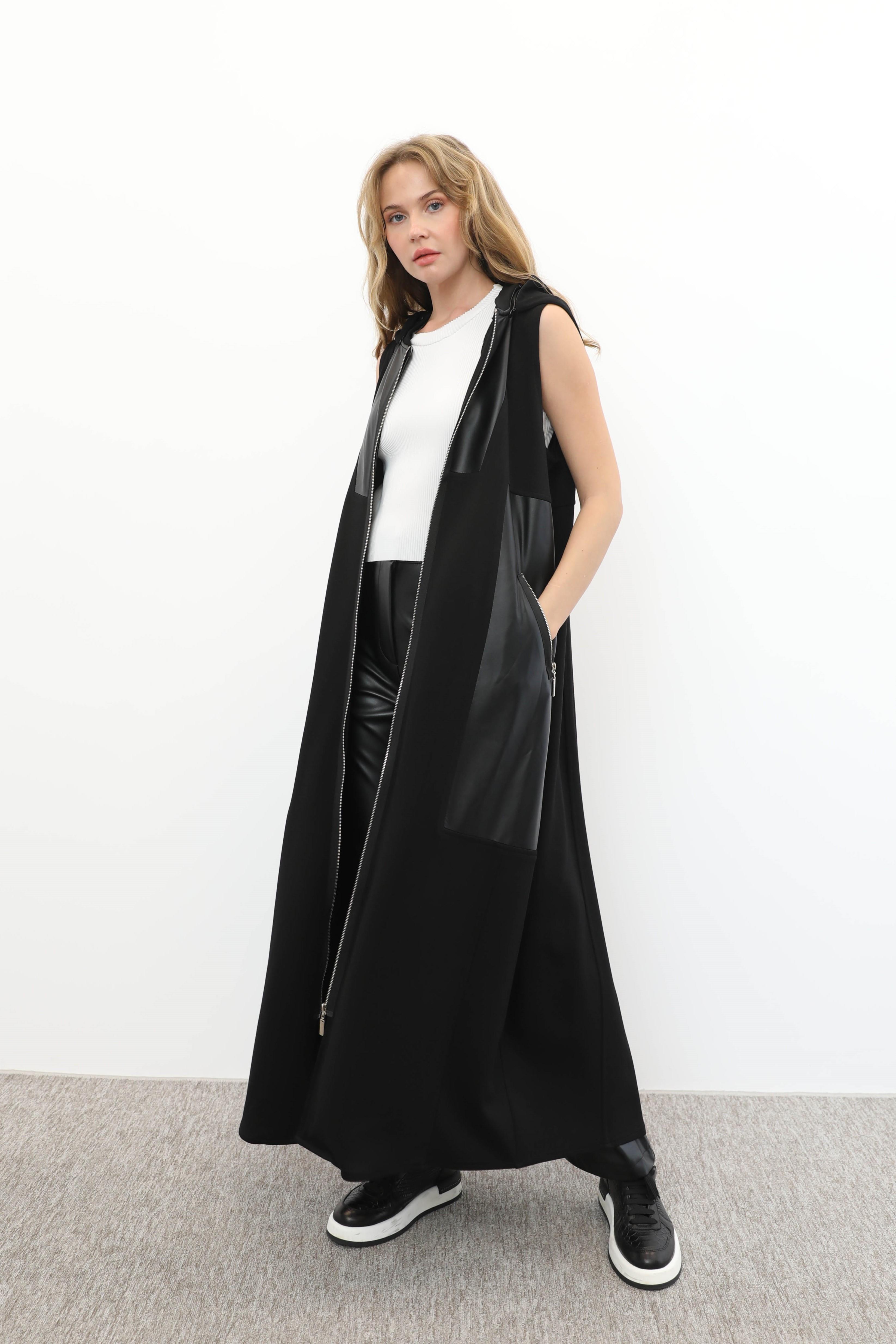 Nurcan Çetin 16220 Deri Garnili Kapüşonlu Yelek - Siyah - Bilen Giyim