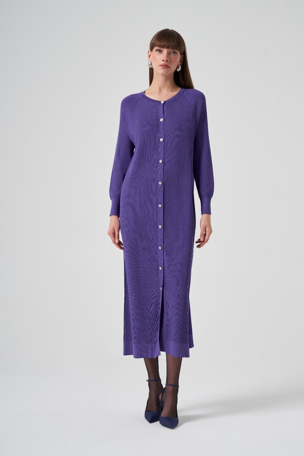 Nuss 1110 Kendinden Çizgili Merserize Uzun Boy Hırka - Mor - Bilen