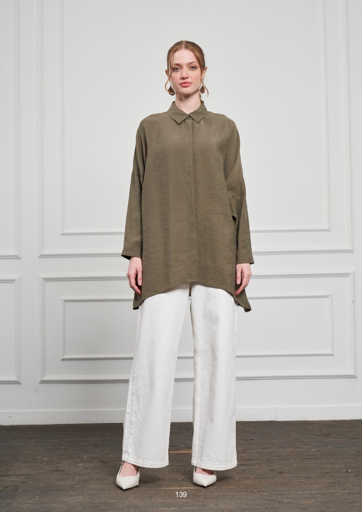 NUSS Nuss 3001 Oversize Basic Gömlek - Haki Nuss 3001 Oversize Basic Gömlek - Bilen Giyim Tunik 