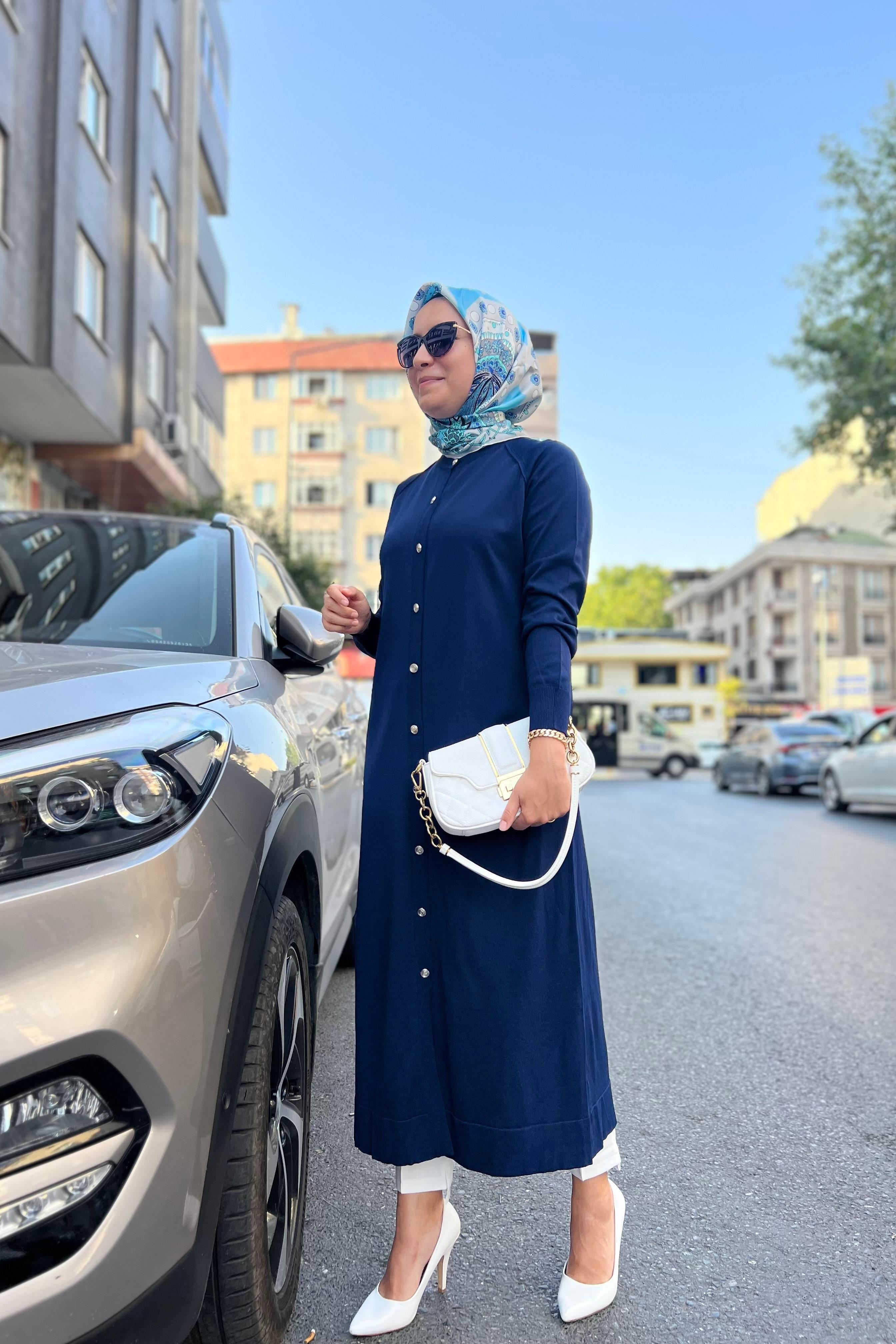 Nuss 512 Uzun Boy Düğmeli Merserize Hırka - Lacivert - Bilen Giyim