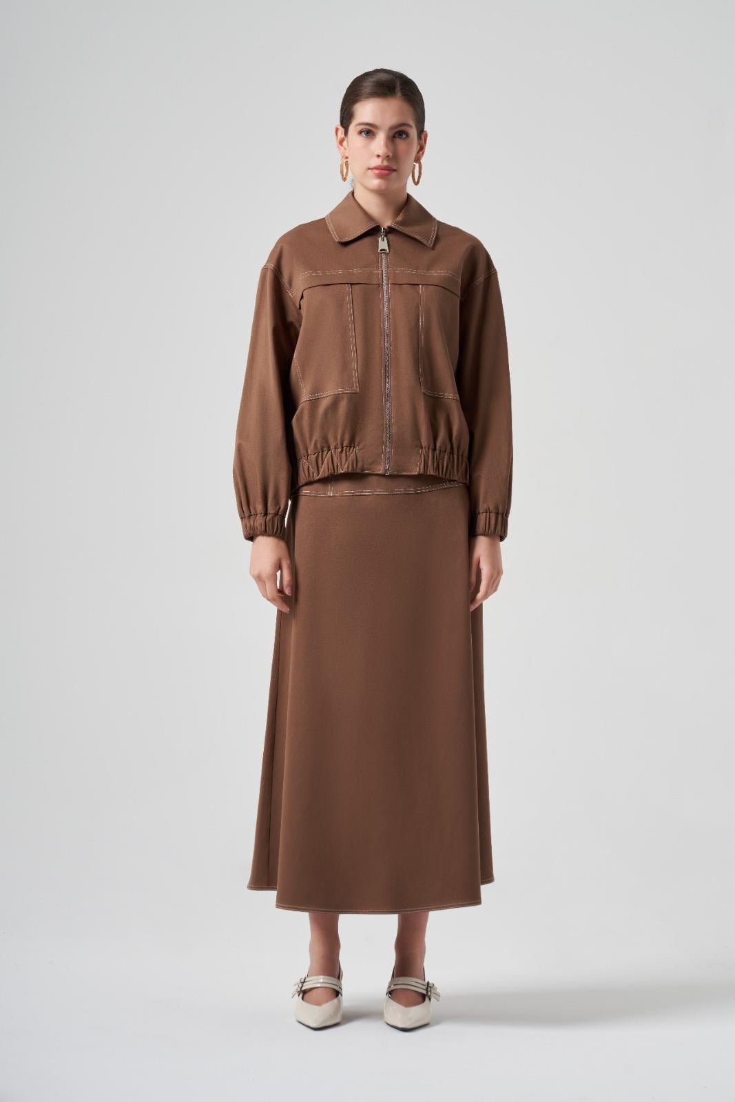 Nuss 6027 Dikiş Detay Fermuarlı Kap - Camel - Bilen Giyim