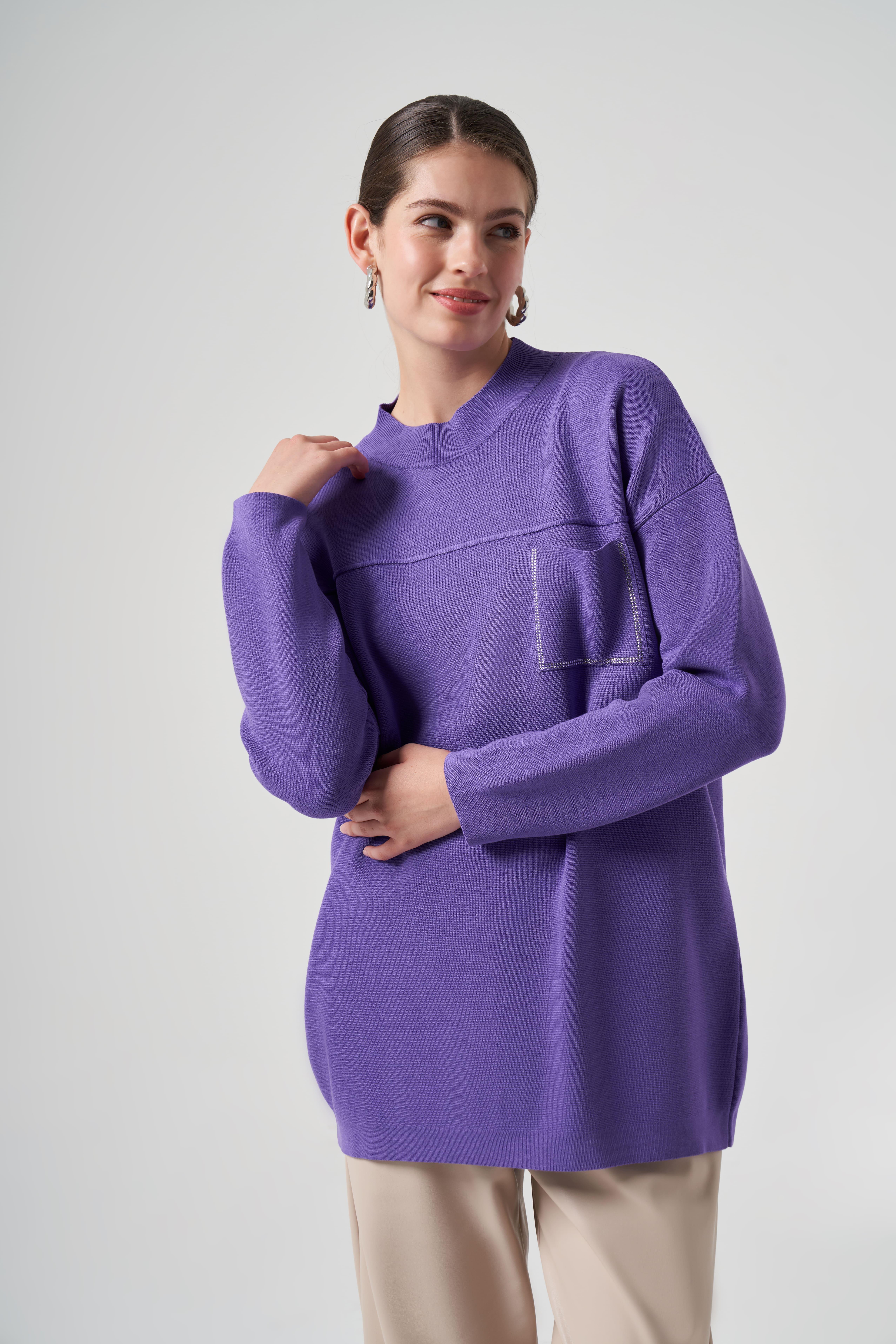 NUSS Nuss 7009 Cep Taş İşlemeli Merserize Tunik - Lila  Tunik 