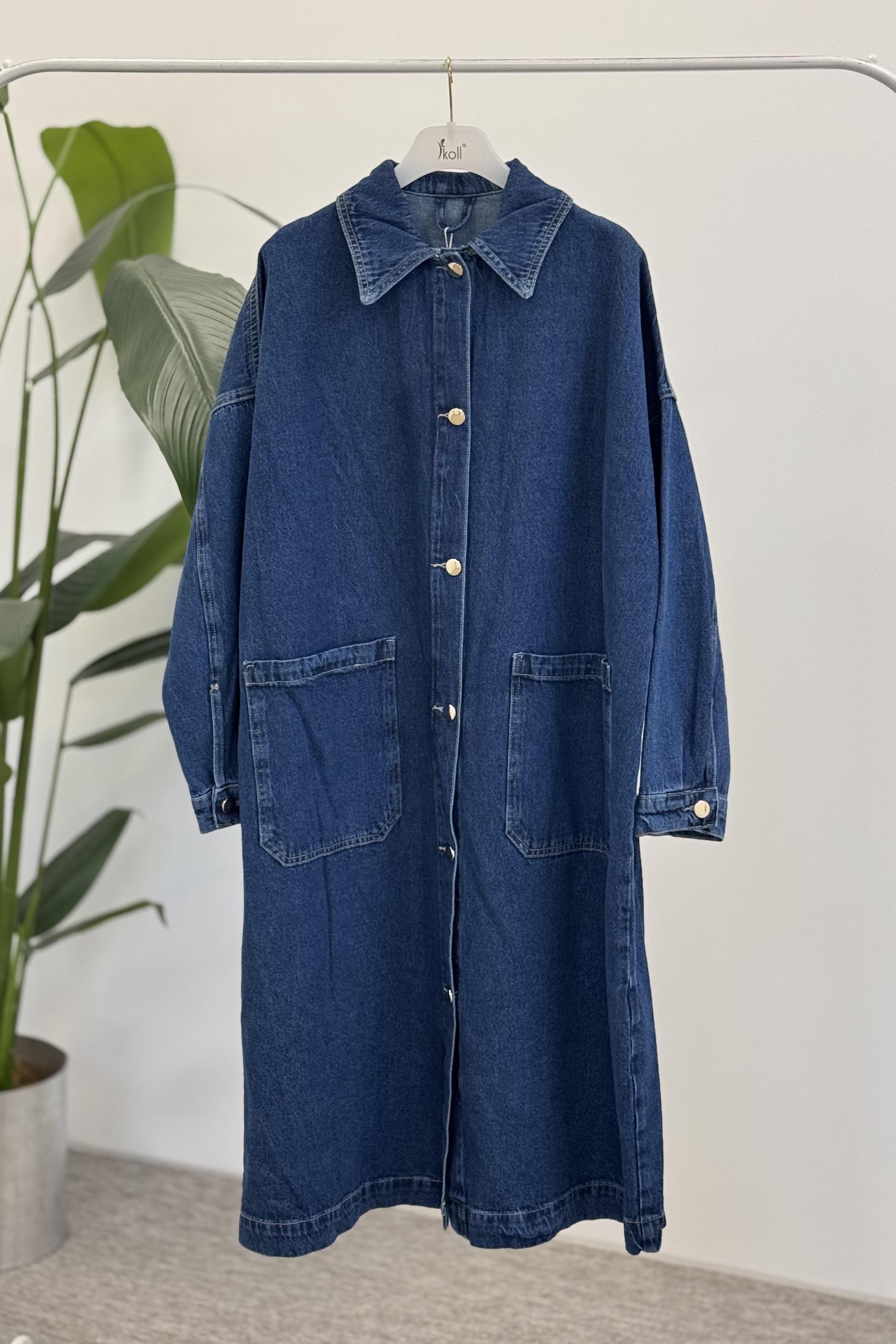 İKOLL Oversize Uzun Denim Kap 31624 - Koyu Mavi Oversize Uzun Denim Kap 31624 - Koyu Mavi- Bilen Giyim Kap 