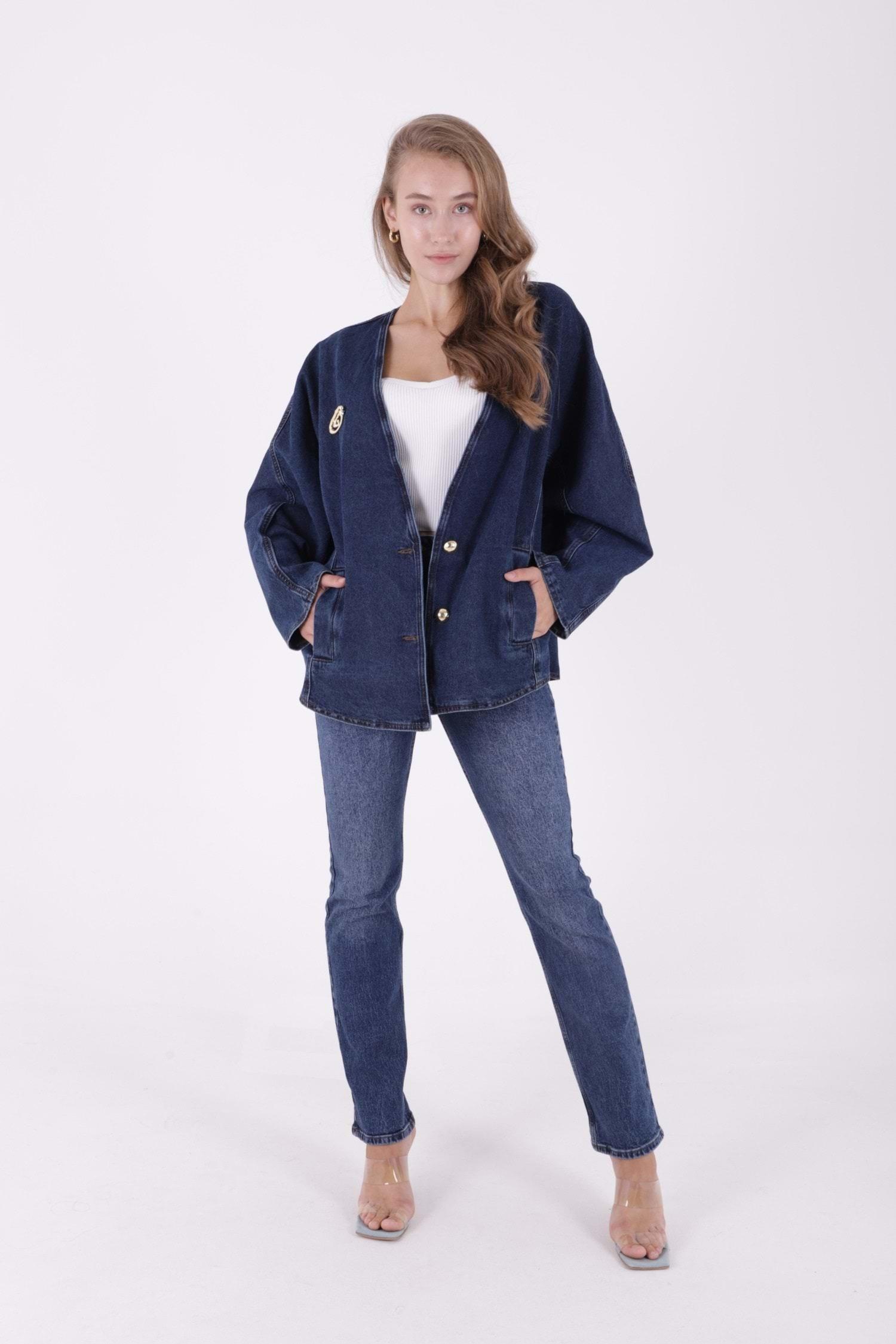 XLove Jeans Oversize Yarasa Kollu Kot Ceket 6059 - Koyu Rins  Ceket 