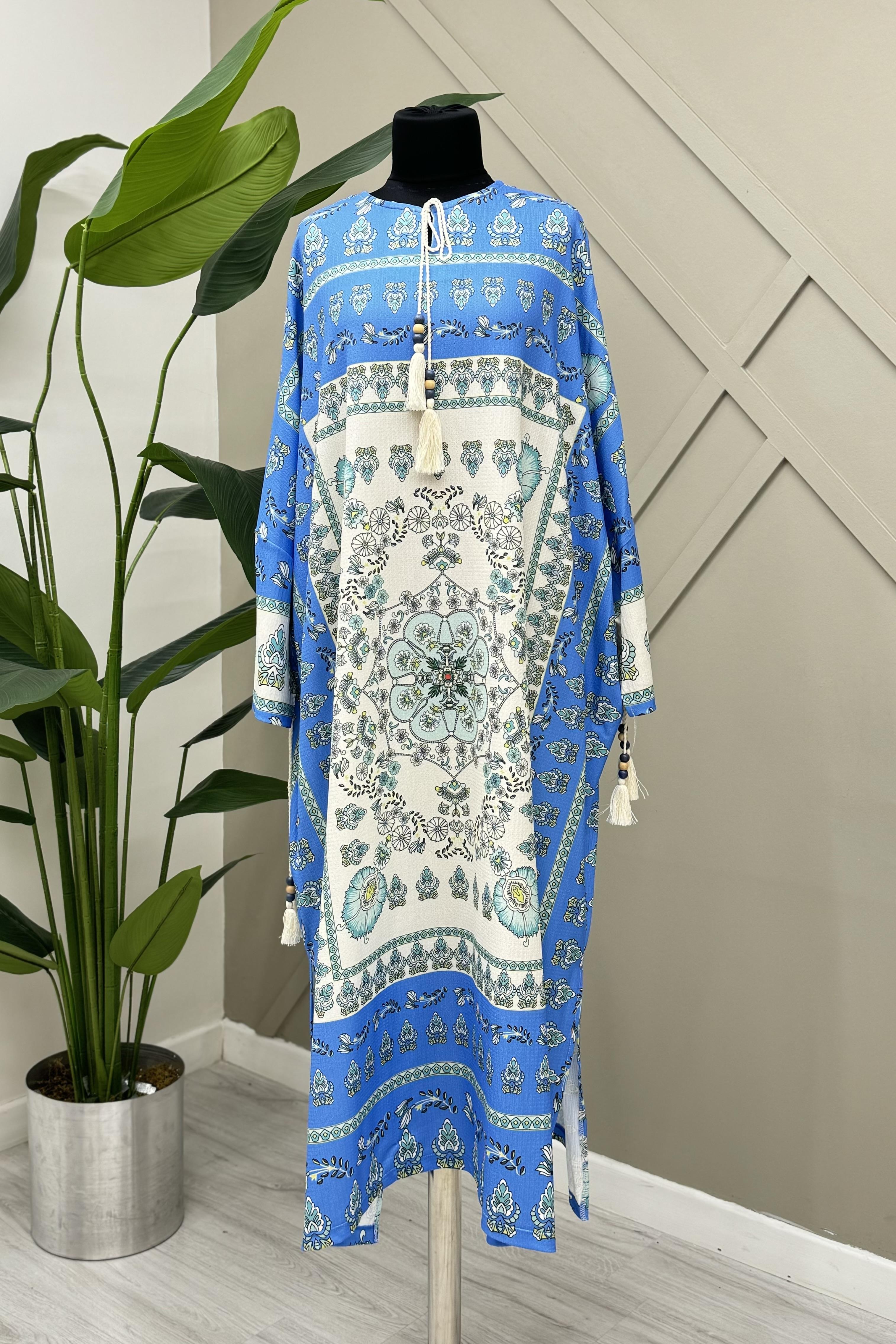 İKOLL Pano Baskılı Panço 0029651 - Mavi  Hırka 