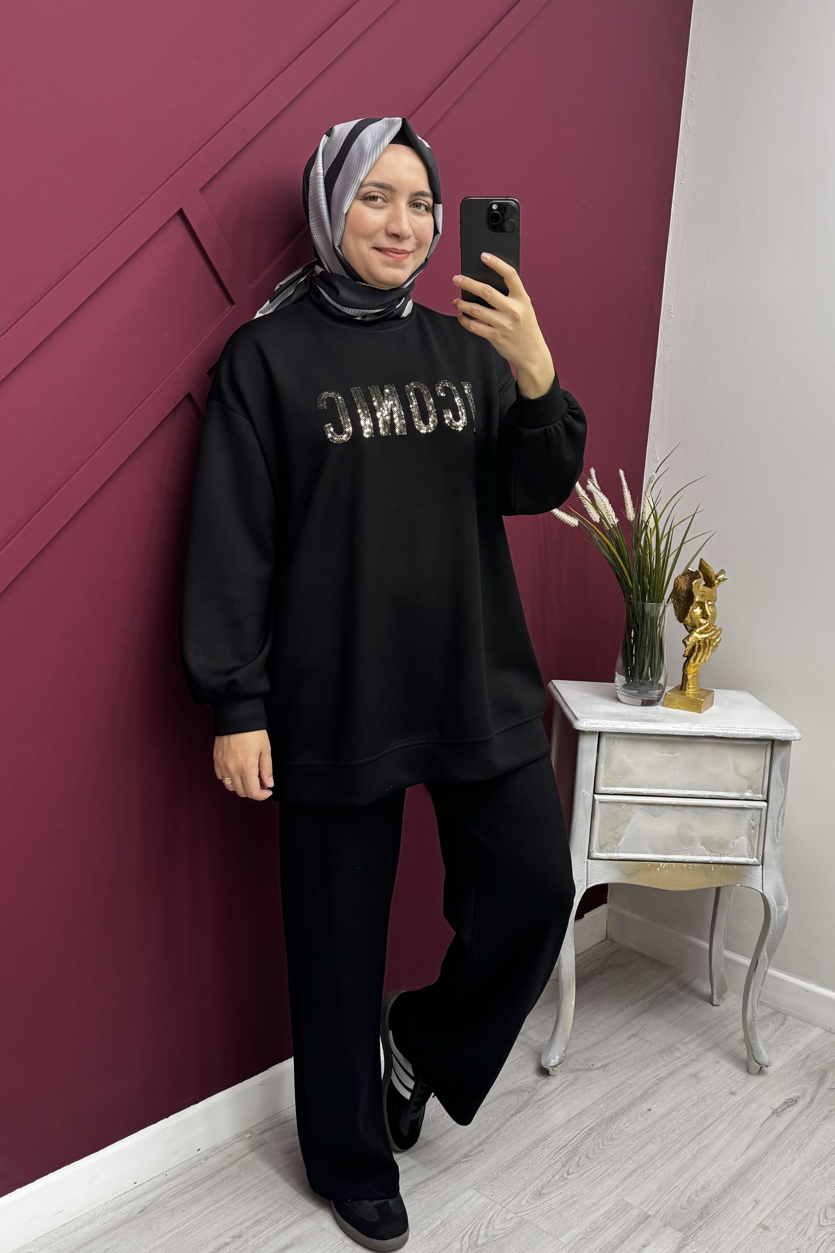 İKOLL Payet İconic Yazılı Basic Pantolonlu Takım 33281 - Siyah Payet İconic Yazılı Basic Pantolonlu Takım 33281 - Siyah - Bilen Giyim Takım 