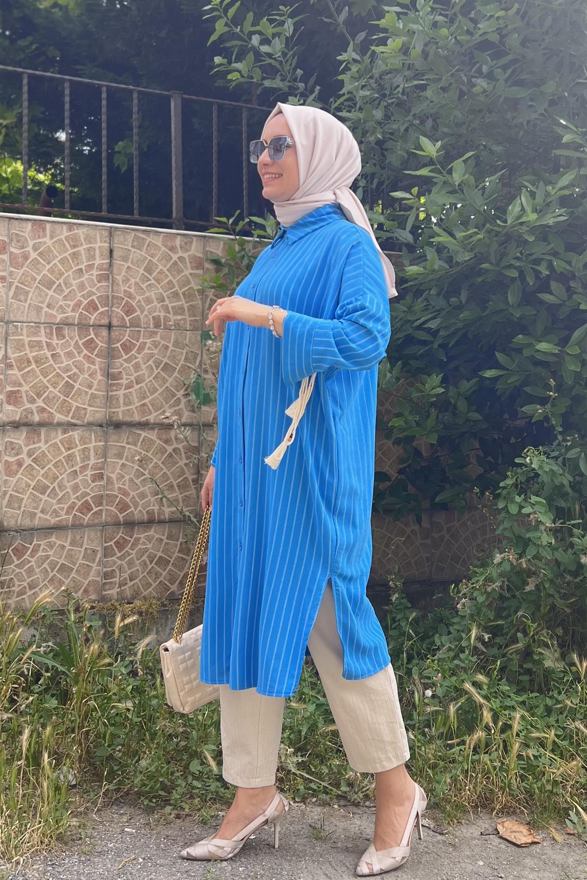 PUANE Çizgili Kol Bağlamadetay Tunik 10325 - Mavi  Tunik