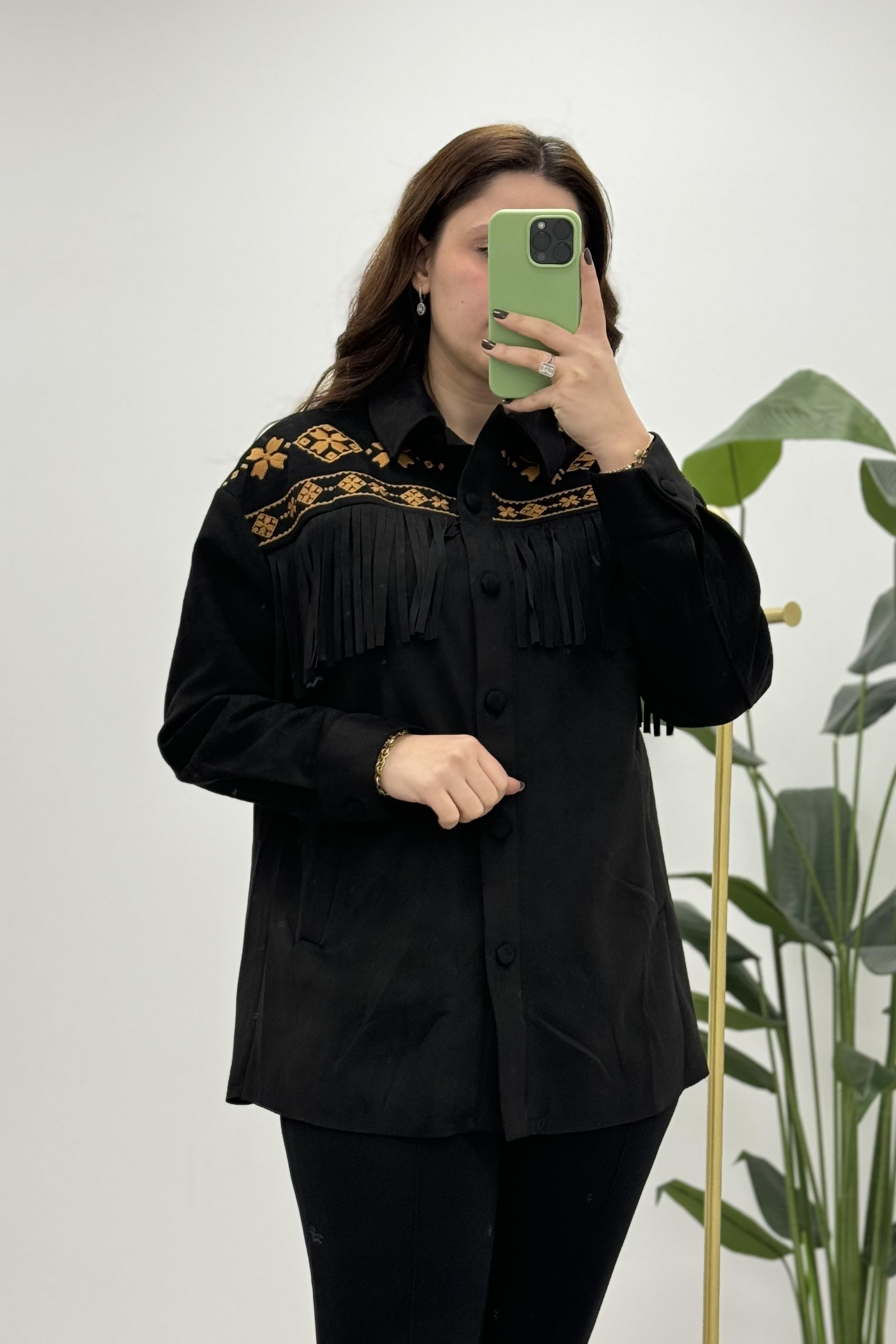 İKOLL Roba Nakışlı Püskül Detaylı Shacket 0028343 - Siyah  Ceket 