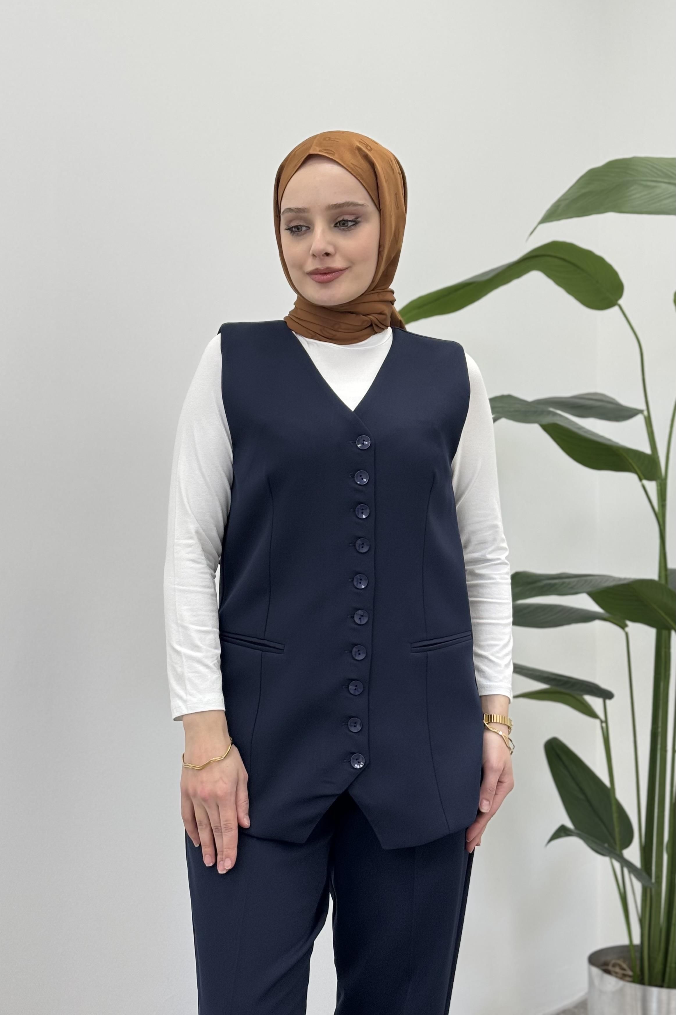 Miss Esse Sahte Cep Detay Düğmeli Yelek 6003 - Lacivert  Yelek 