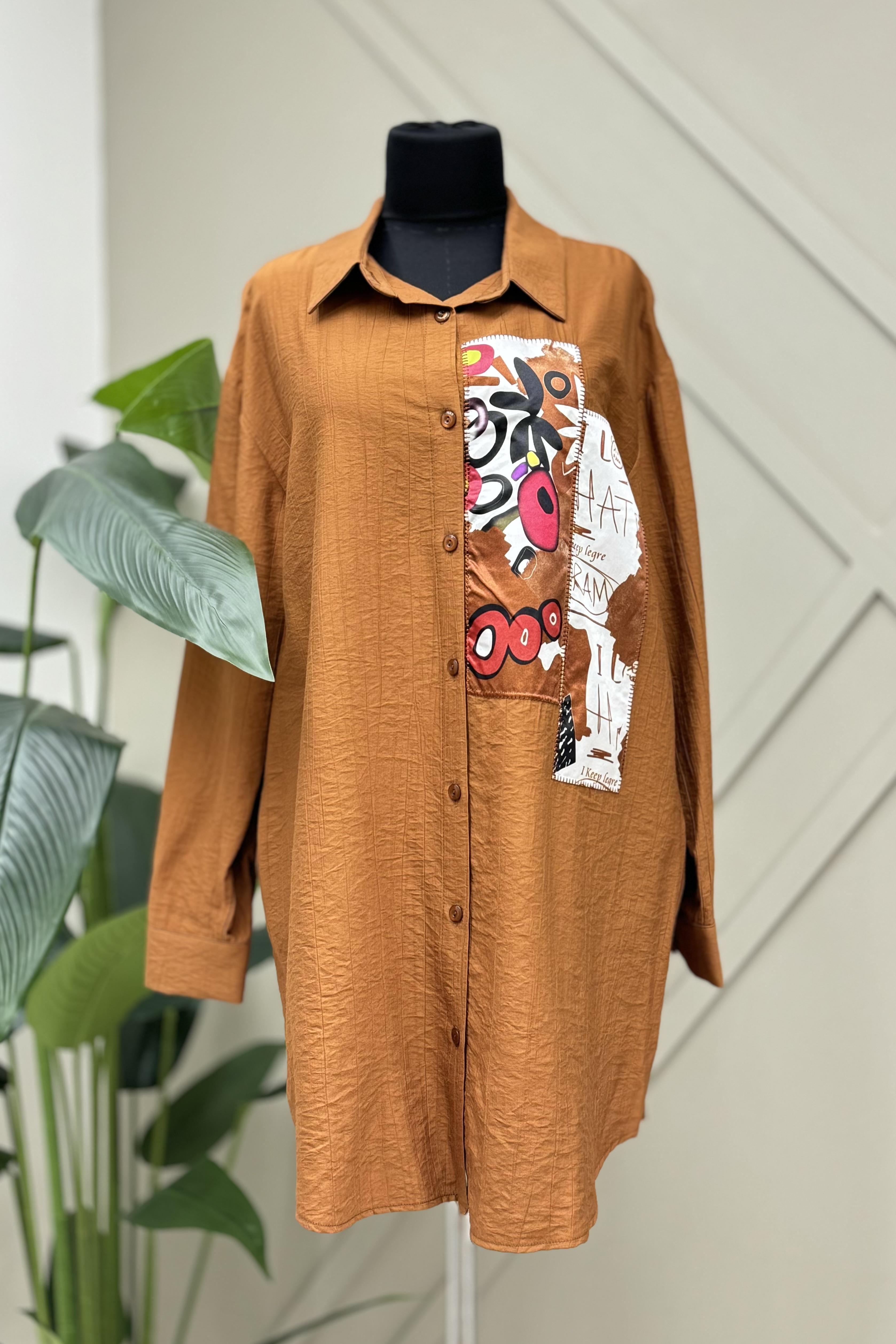PUANE Saten Kumaş Detaylı Gömlek Tunik 10503 - Camel  Tunik 