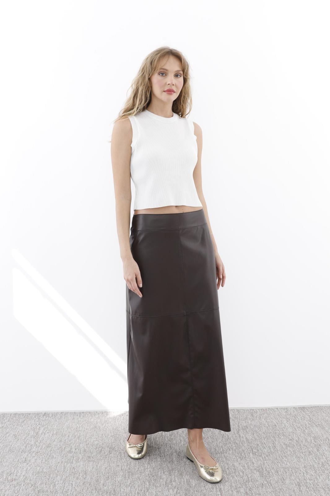 Sentez Sentez 5268 Parçalı Deri Çan Etek - Kahve  Etek 