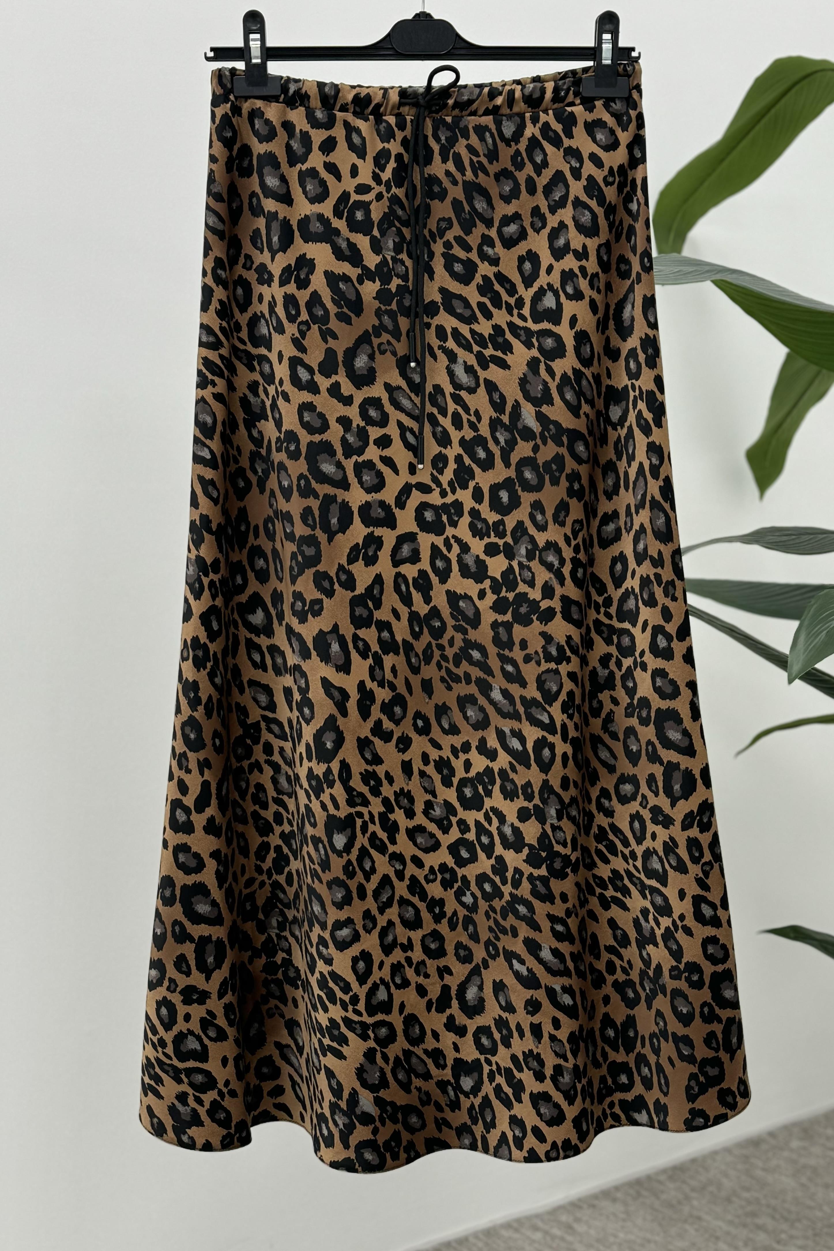 Sentez Sentez 5451 Leopar Detaylı Saten Kloş Etek - Taba  Etek 