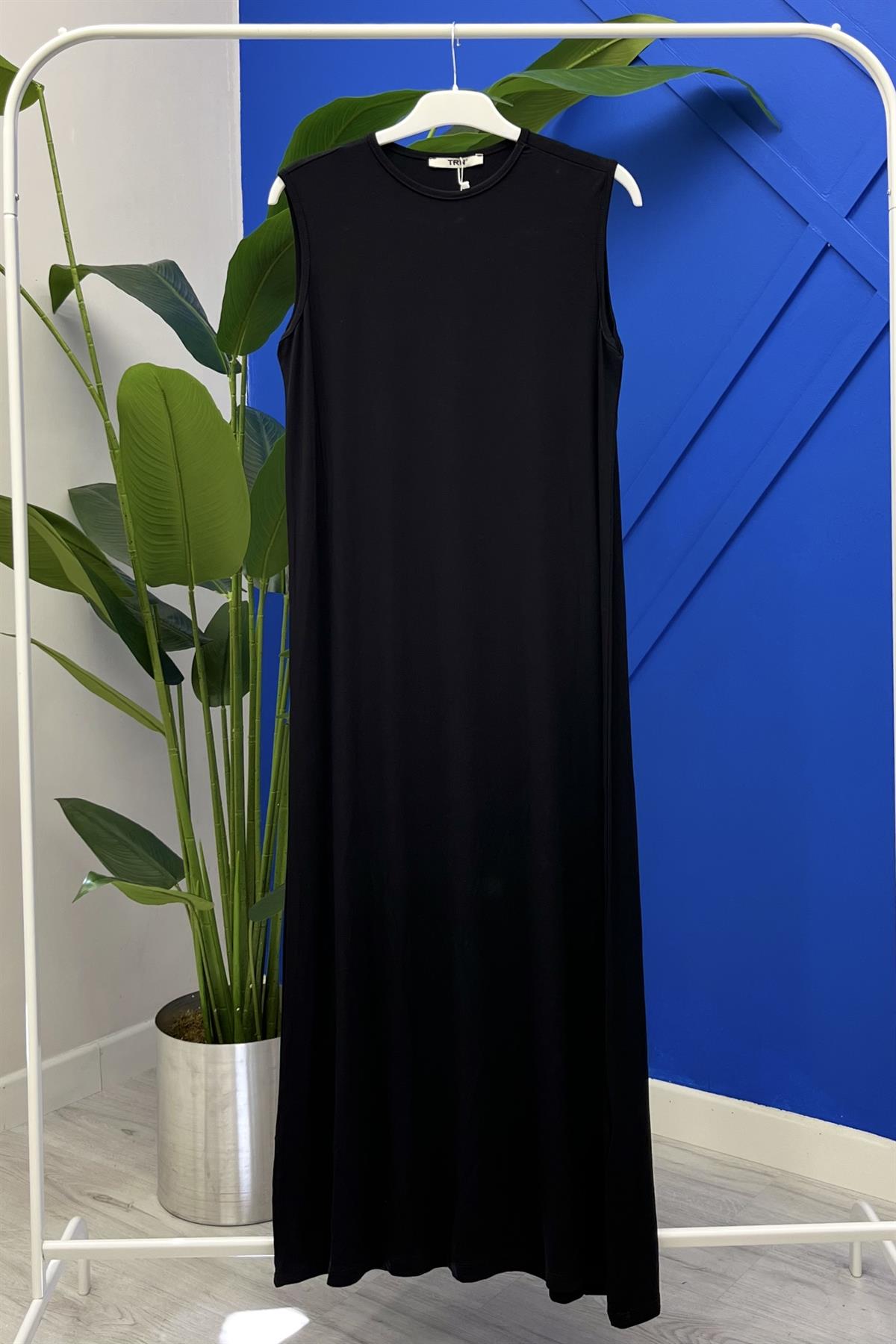 Sıfır Kol Penye İçlik Elbise - Siyah - Bilen Giyim