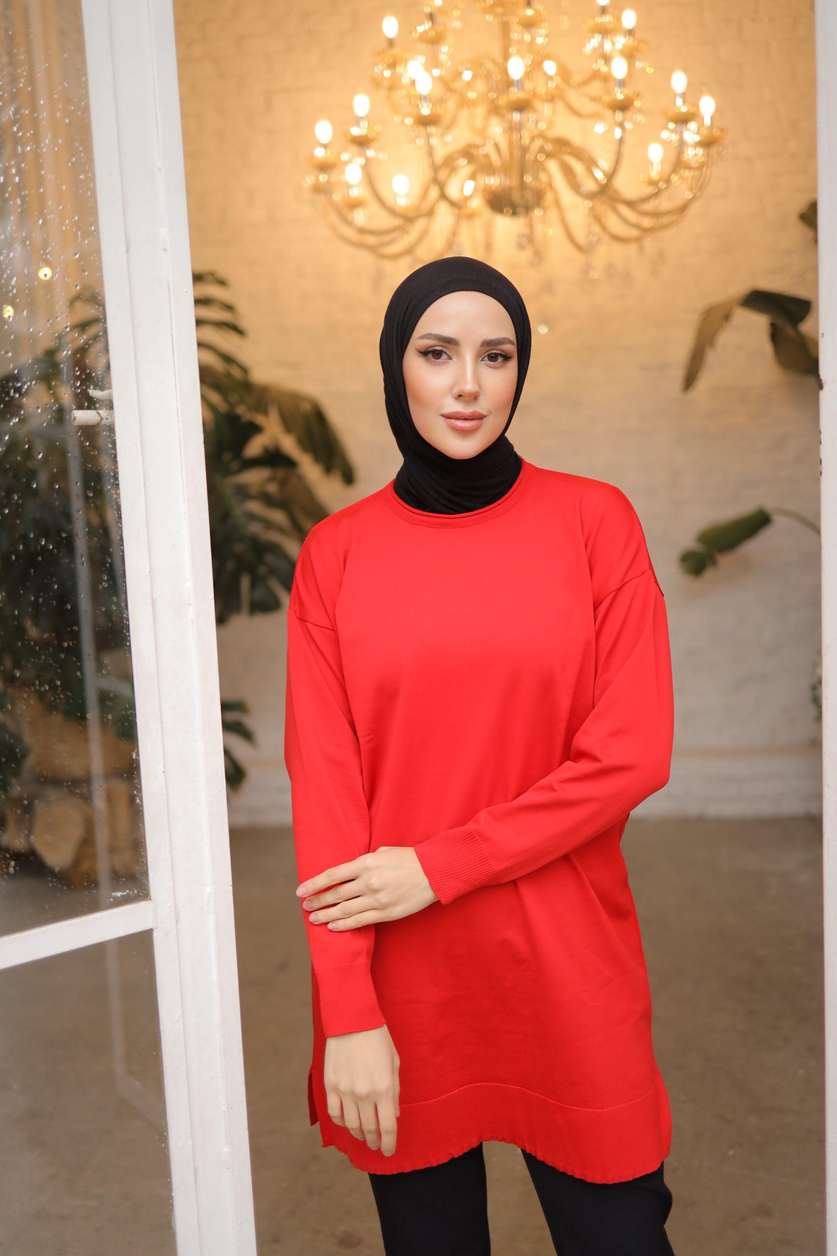 NEFİSE Soğuk Bisiklet Yaka Tunik 14831 - Kırmızı  Tunik 