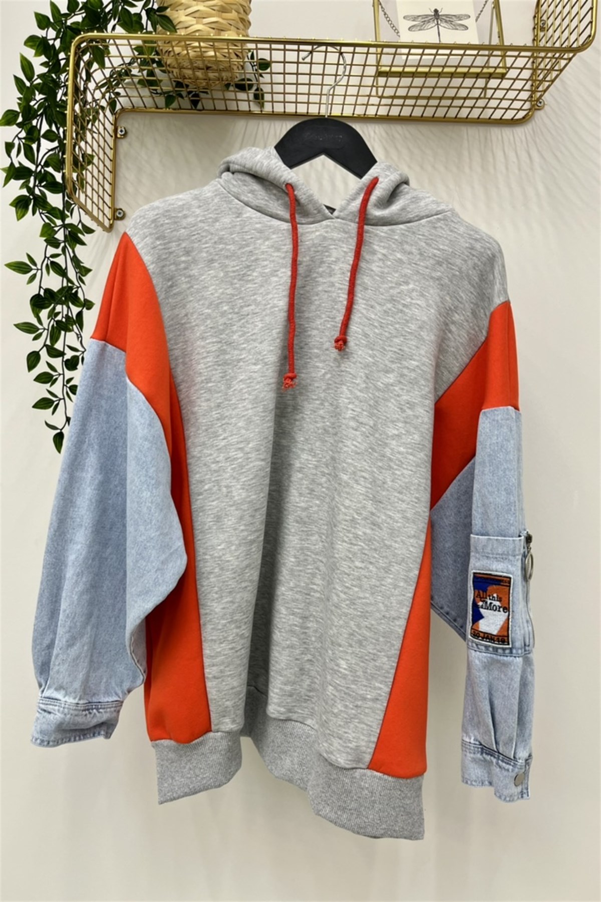 SOUL Kolları Kot Garnili Kapişonlu Sweat Tunik 30985 - Gri  Tunik