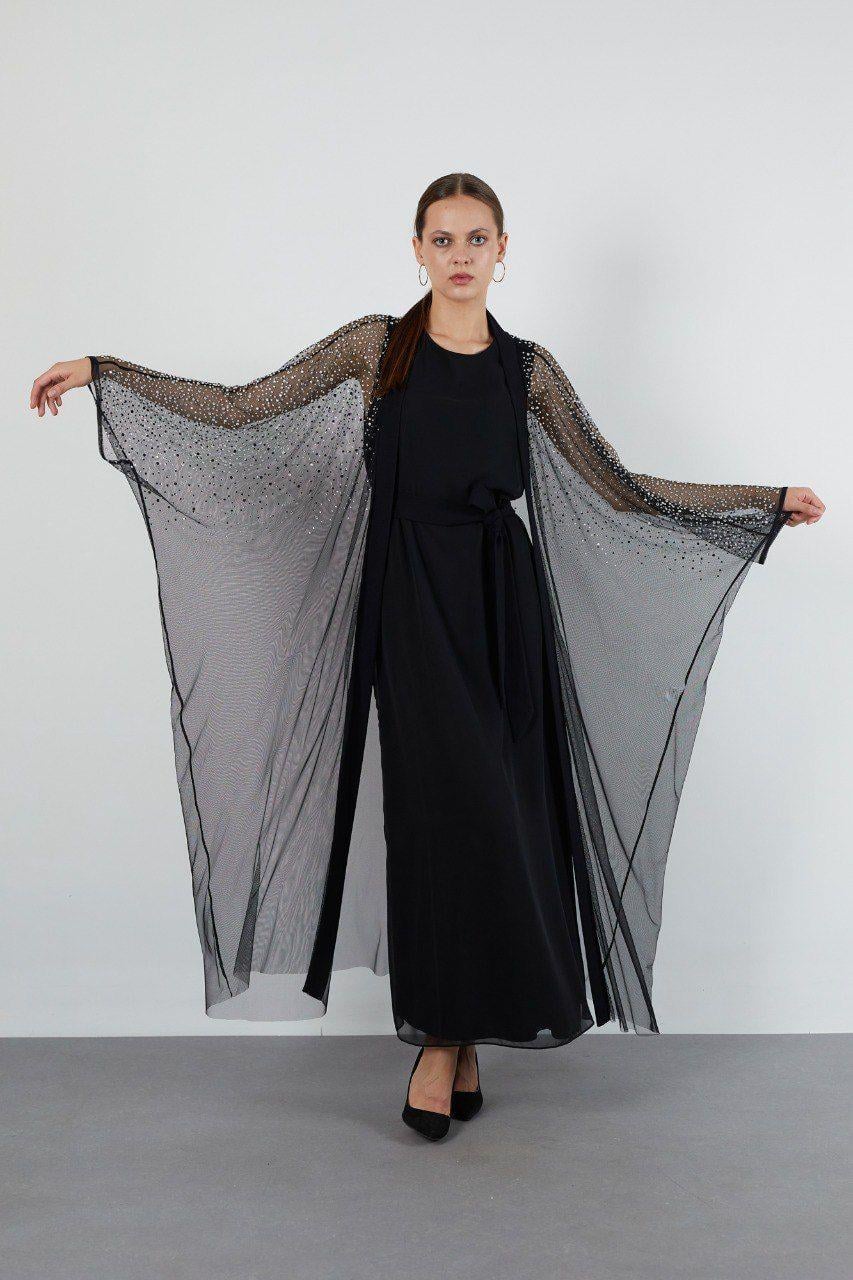 JUPE STORE Taşlı Tül Abaya 9009 - Siyah  Abiye Grubu