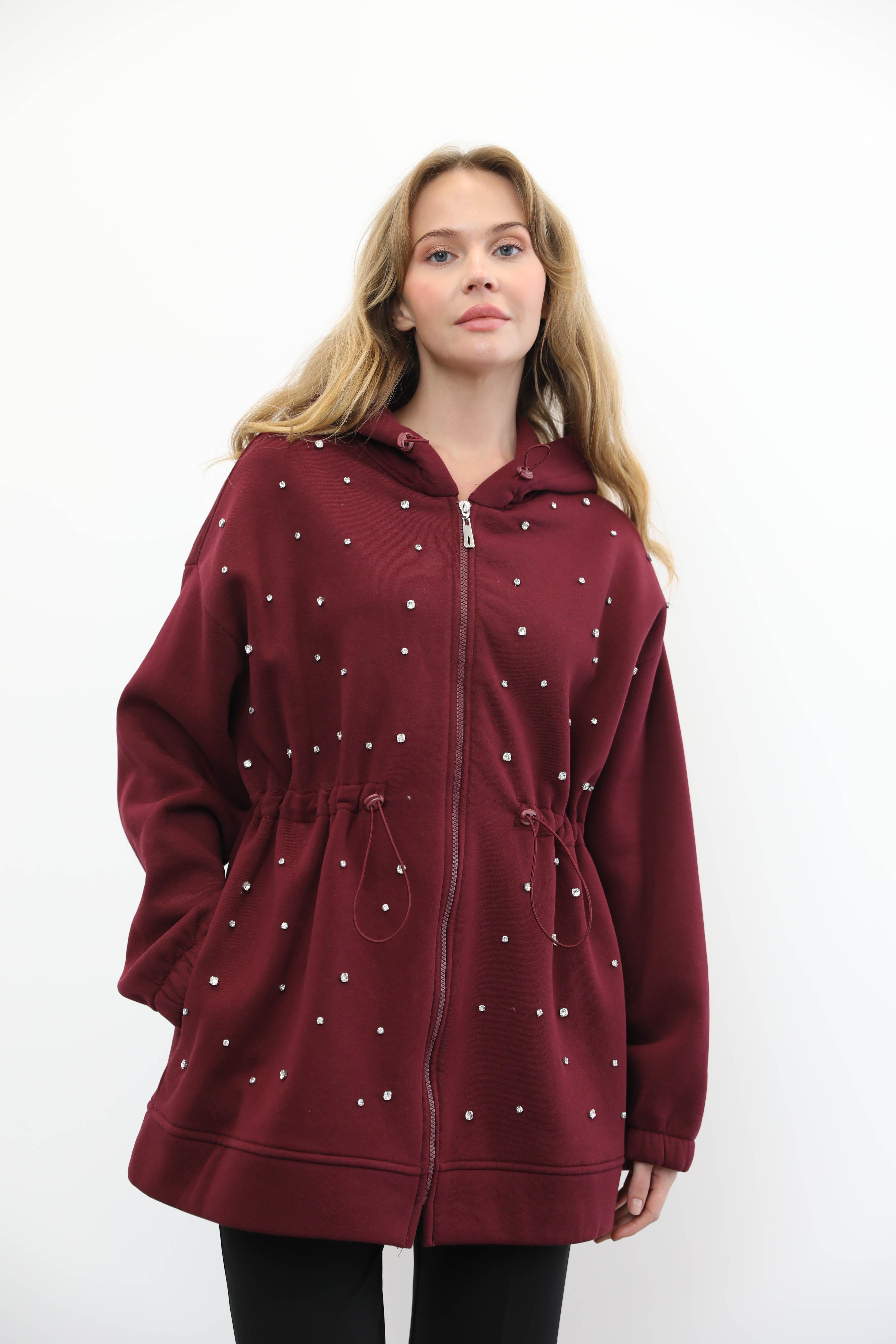 İKOLL Taşlı Ve Beli Tünelli Hırka 33459 - Bordo Taşlı Ve Beli Tünelli Hırka 33459 - Bordo - Bilen Giyim Hırka 