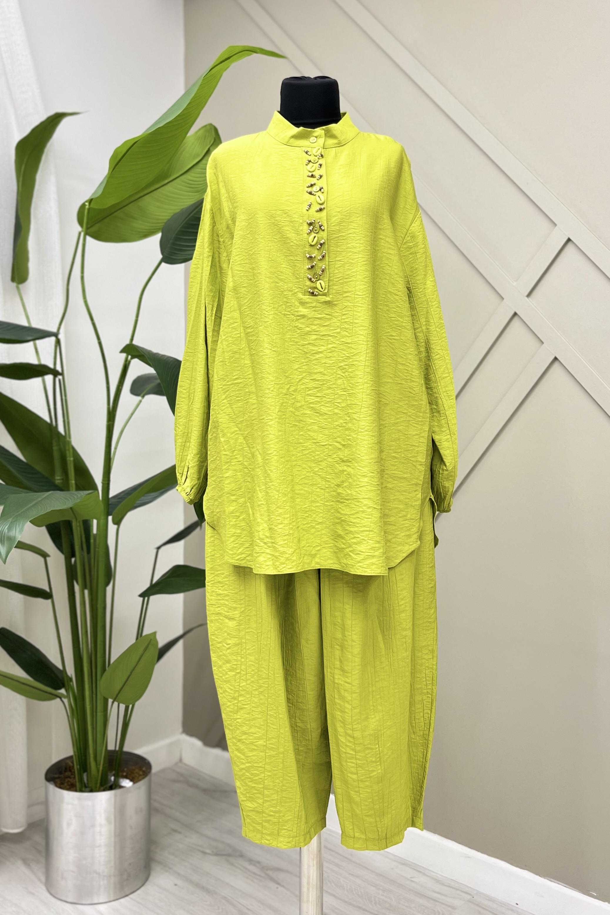 PUANE Yaka Boncuk İşlemeli Pantolonlu Takım 14230 - Olive  Takım 