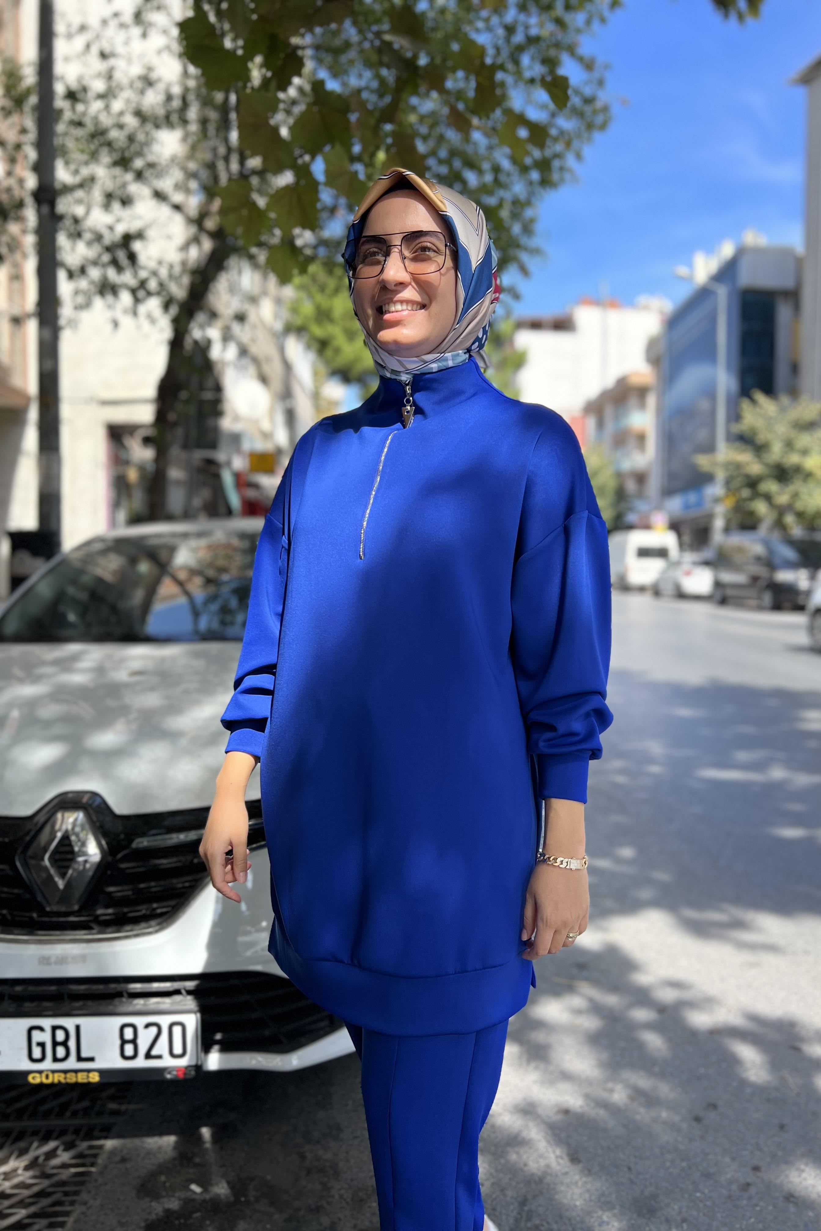 PUANE Yaka Ve Paça Scuba Pantolonlu Takım 14176 - Saks  Takım