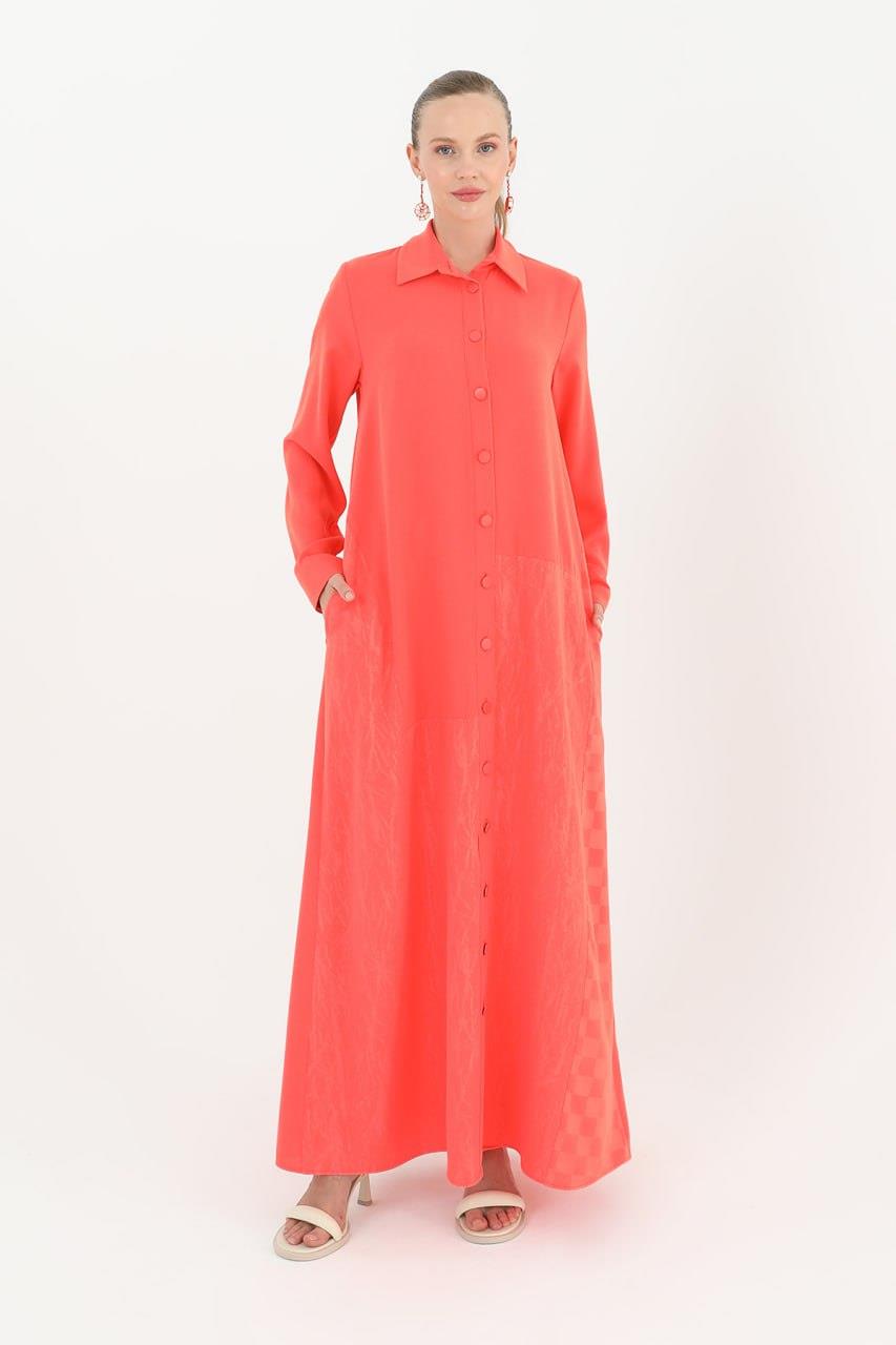 PUANE Yan Jakar Detay Düğmeli Elbise 12515 - Koral Yan Jakar Detay Düğmeli Elbise 12515 - Koral - Bilen Giyim Tunik