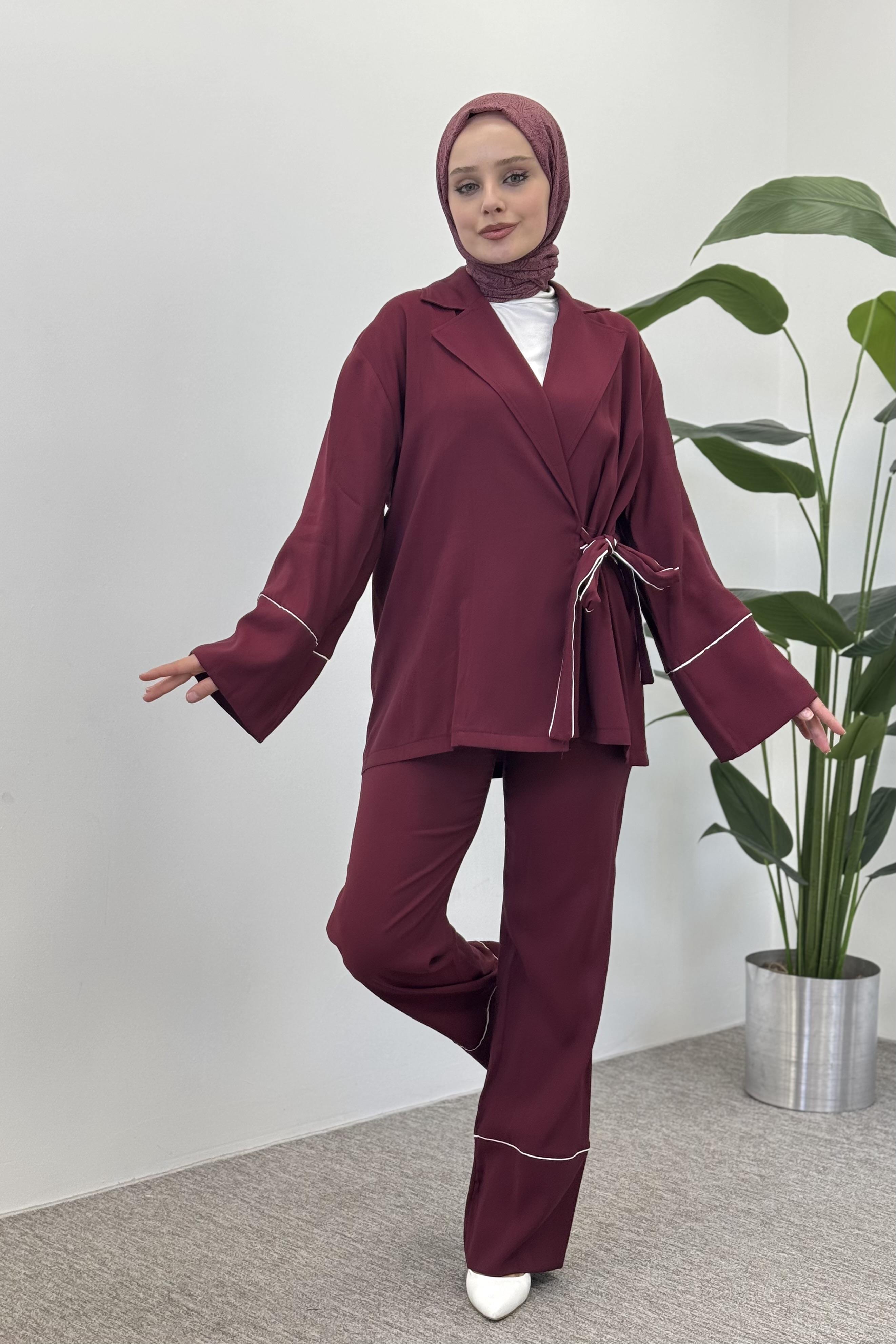TABA Yandan Bağlamalı Şerit Detay Pantolonlu Takım 2230 - Bordo  Takım 