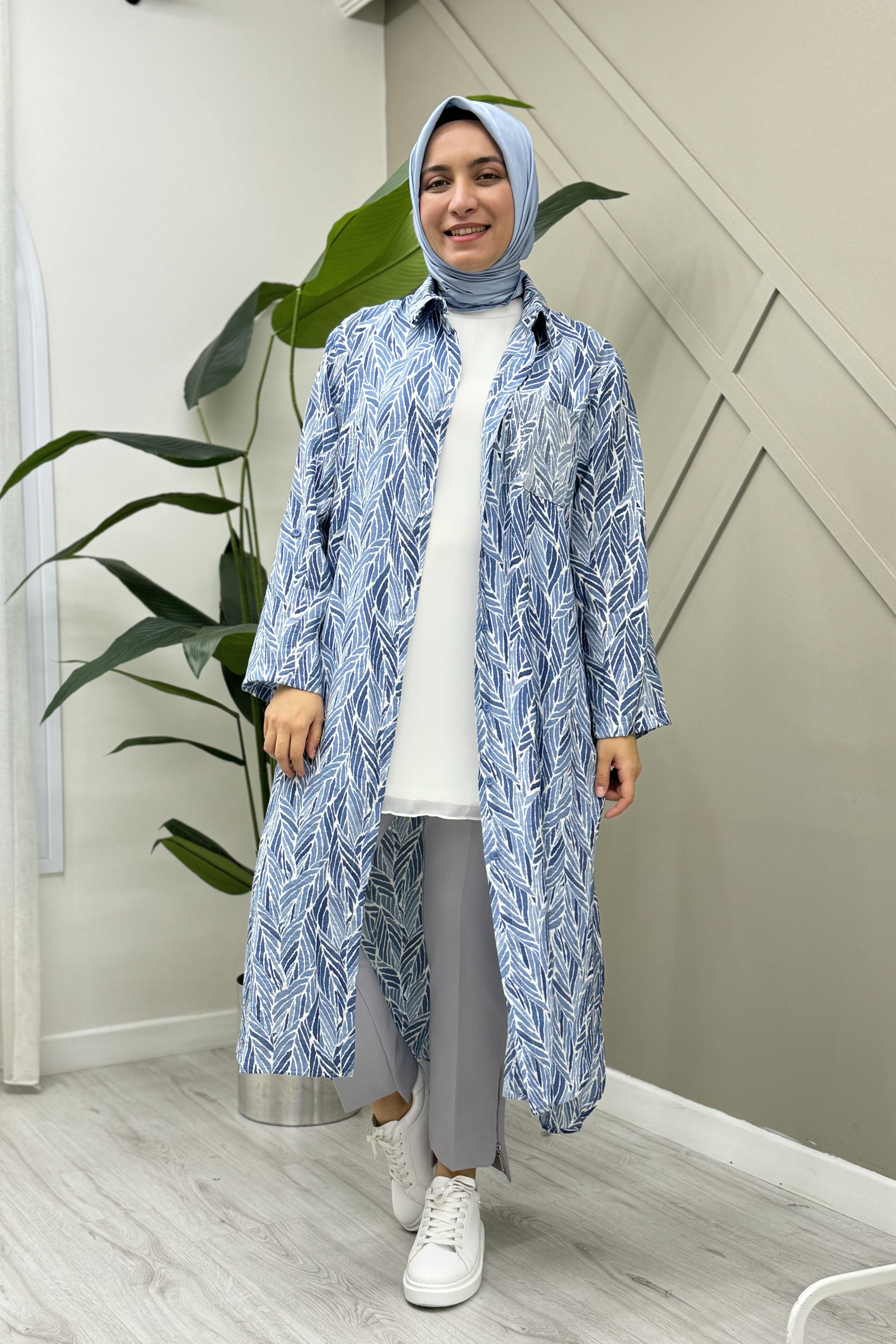 PUANE Yaprak Desen İnce Kumaştan Uzun Düğmeli Tunik 10518 - Mavi  Tunik 