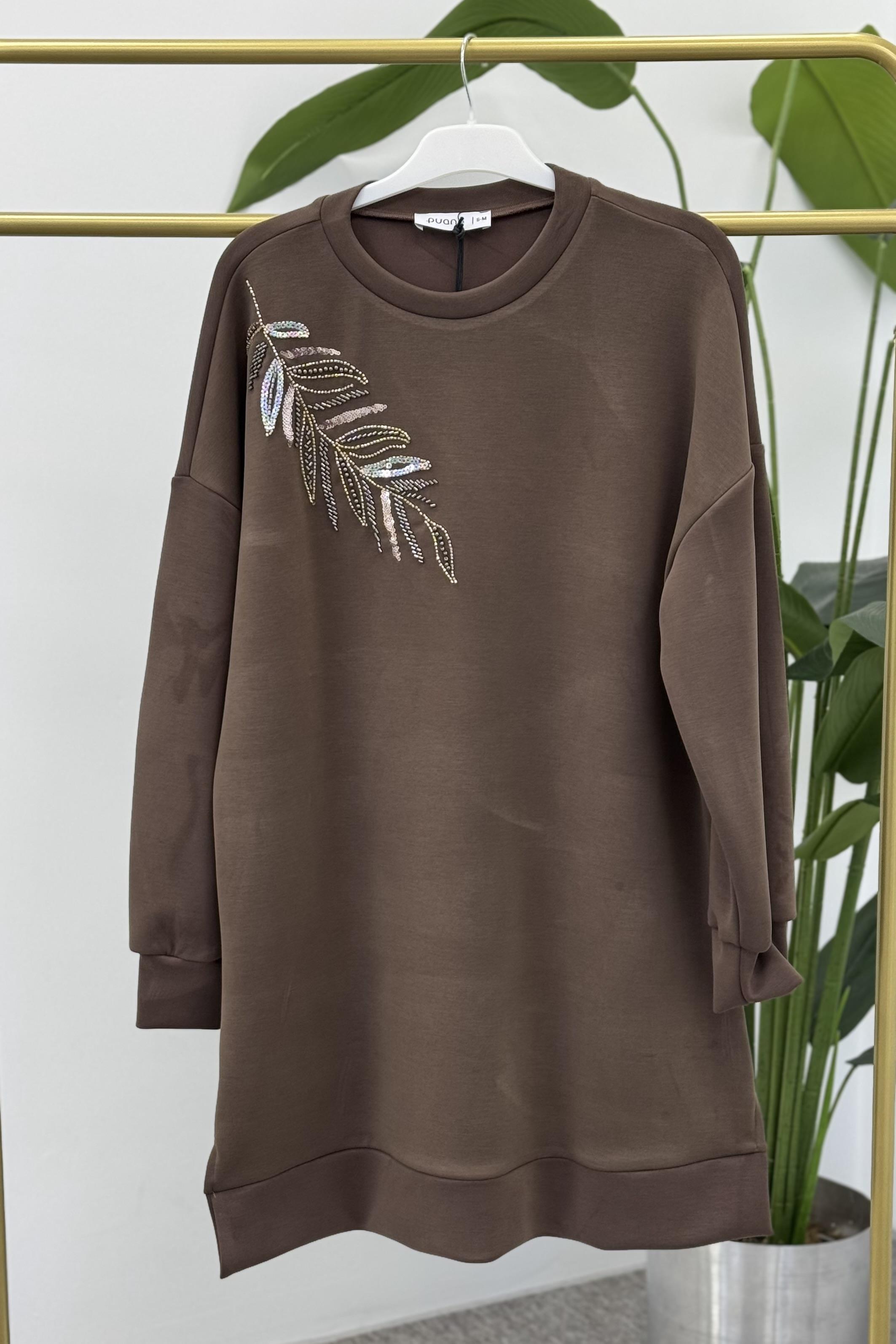 PUANE Yaprak İşleme Detaylı Tunik 10629 - Browni Yaprak İşleme Detaylı Tunik 10629 - Bilen Giyim Tunik 