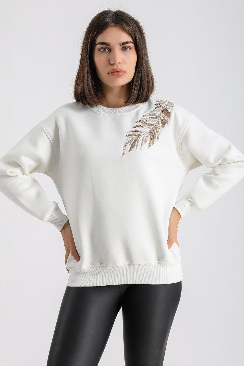 OLİVİA Yaprak Nakışlı Sweat 2760 - Ekru  Sweatshirt 