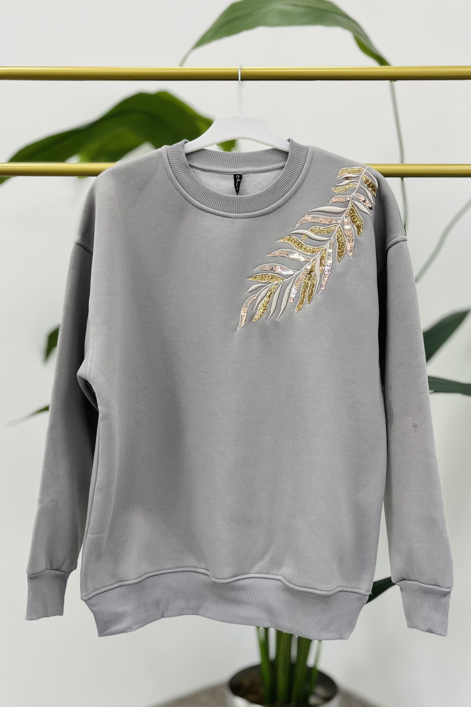 OLİVİA Yaprak Nakışlı Sweat 2760 - Gri  Sweatshirt 