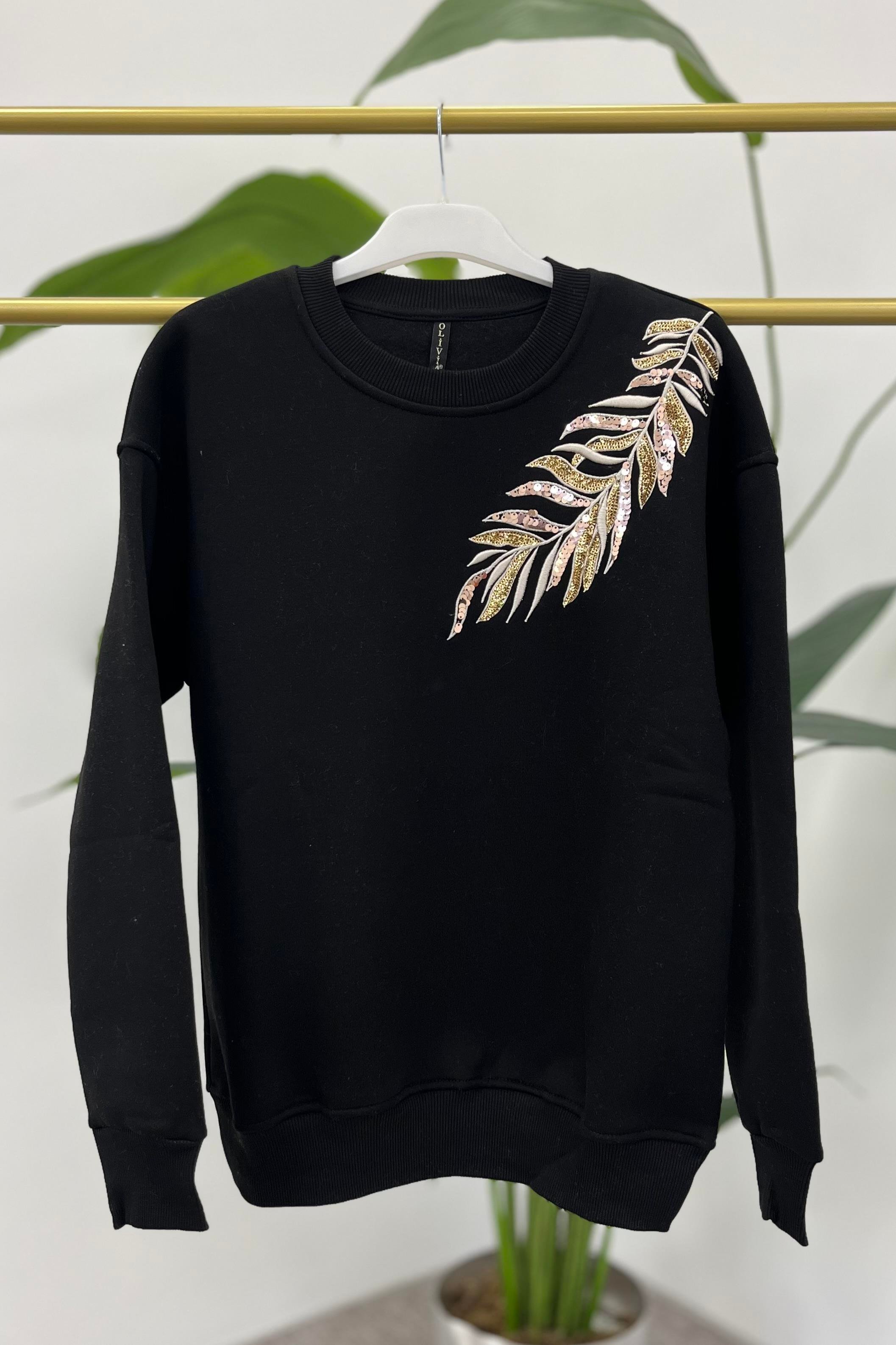 OLİVİA Yaprak Nakışlı Sweat 2760 - Siyah  Sweatshirt 