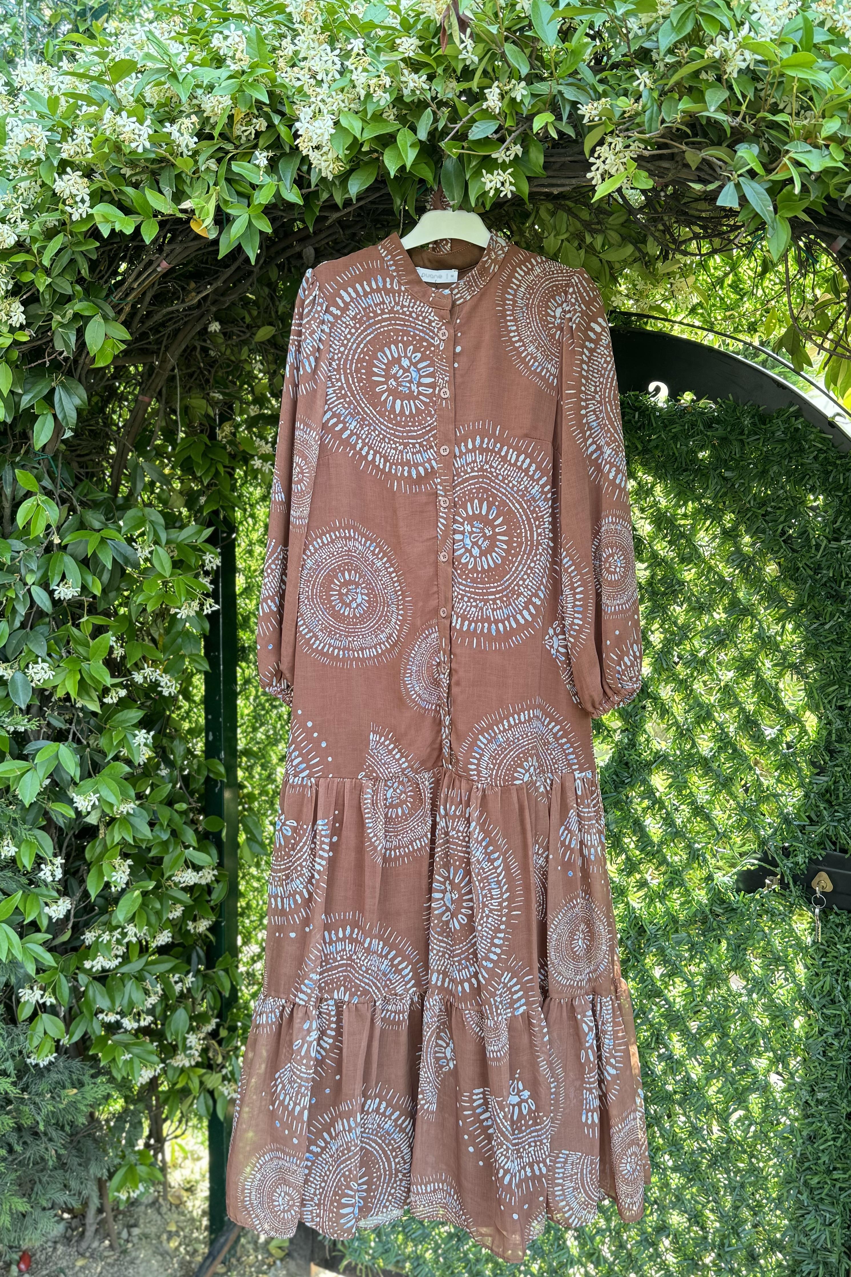 PUANE Yarım Düğmeli Baskılı Elbise 12538 - Browni  Elbise 