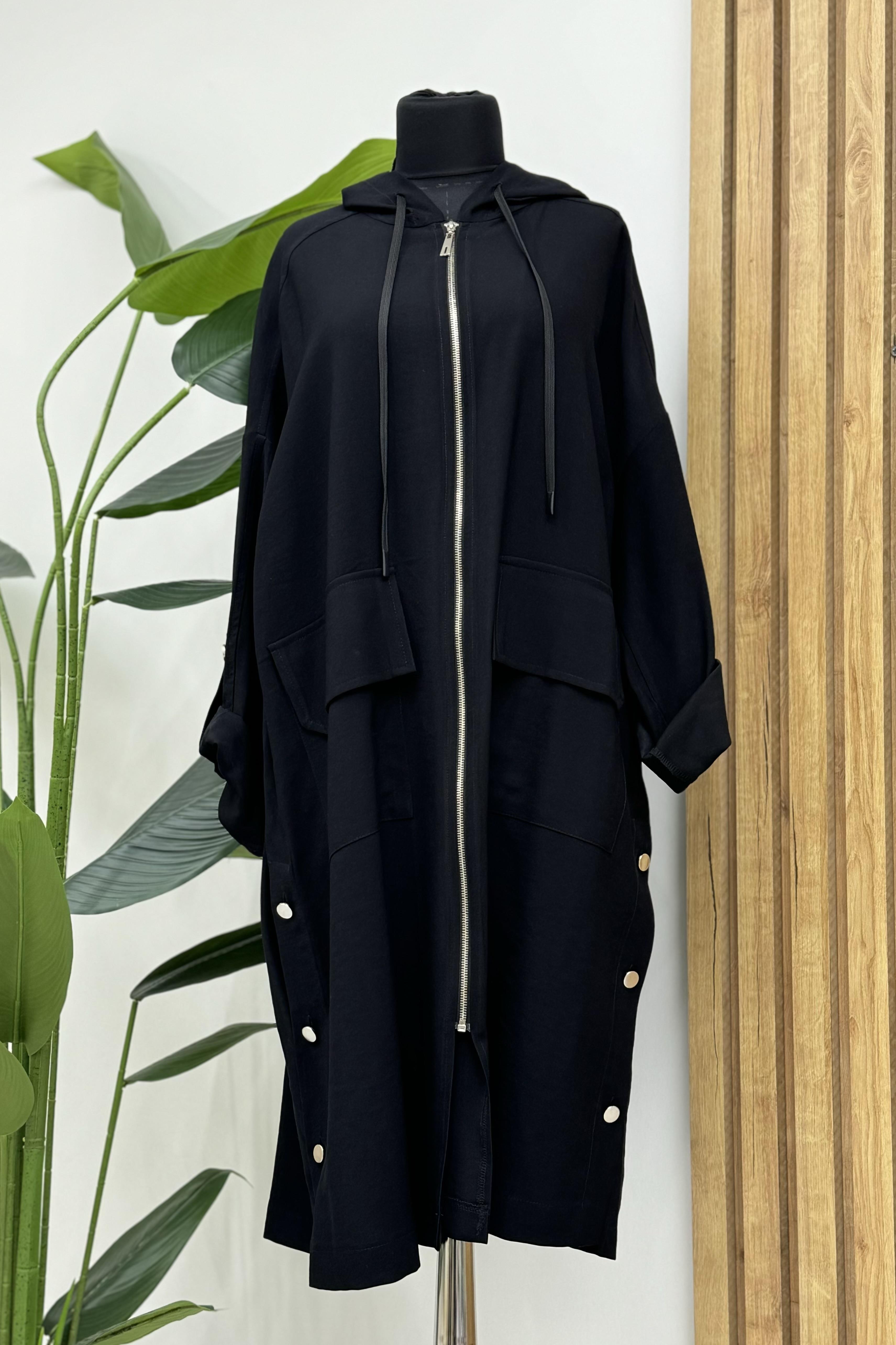 Yırtmaçlı Oversize Kap 0032488 - Siyah - Bilen Giyim