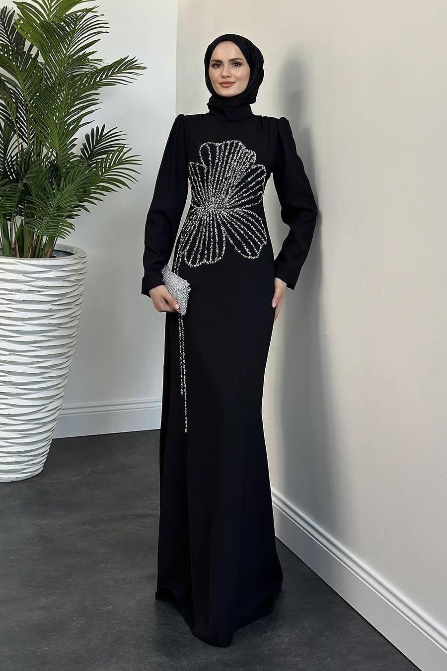 Tane Yonca Taş Baskılı Elbise 4599 - Siyah  Abiye Grubu 