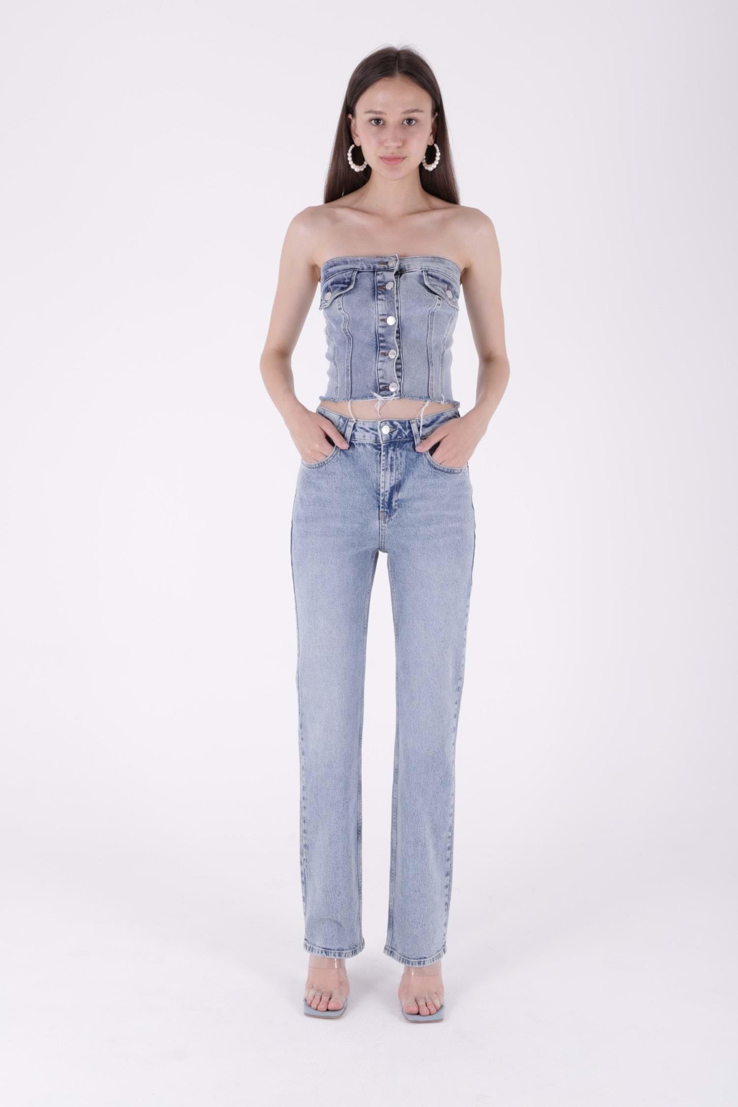 XLove Jeans Yüksek Bel Straight Pantolon 7033 - Açık Mavi  Pantolon 