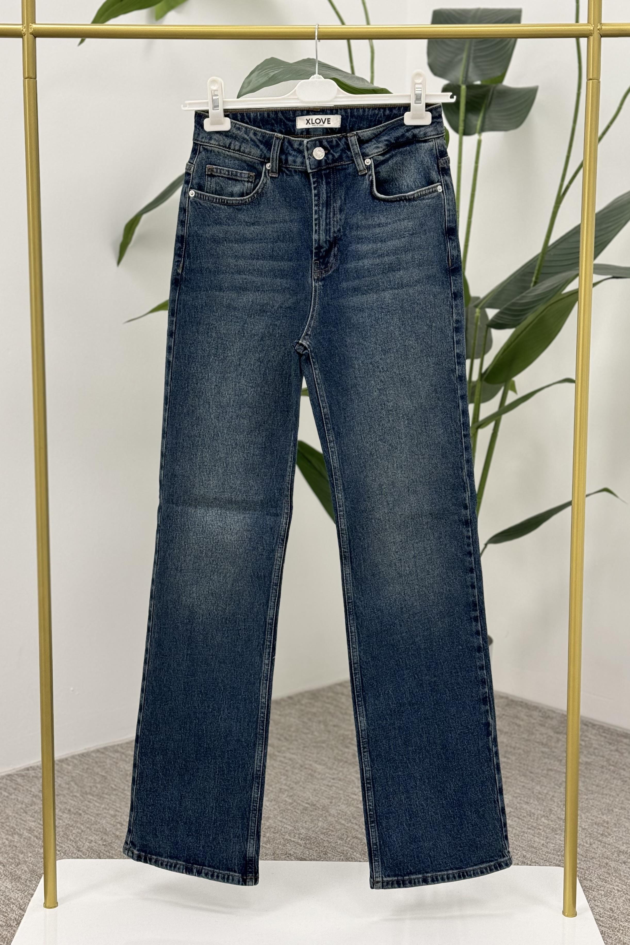 XLove Jeans Yüksek Bel Straight Pantolon 7033 - Koyu Mavi - Kar Yıkama  Pantolon 