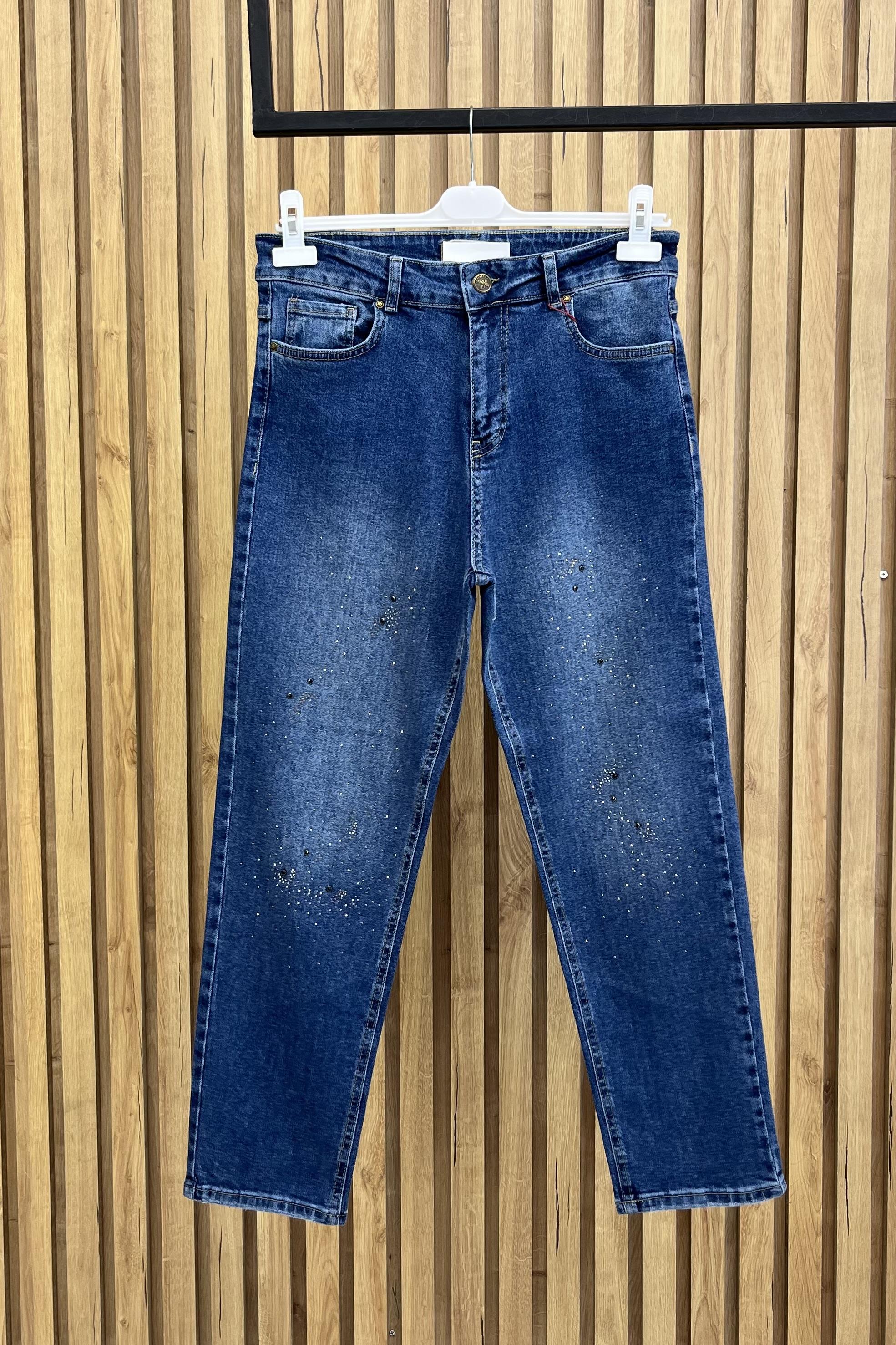 LACARTE Yüksek Bel Taş Detaylı Mom Jean 0291 - Mavi  Pantolon