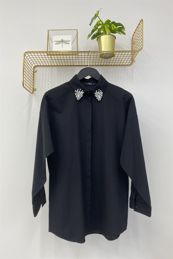 Shrup 2505 Yaka Taş Detaylı Tunik - Siyah Tunik SHRUP & MISRA - Bilen Giyim
