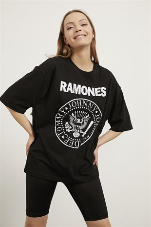 Ramones Baskili Oversize Bayan T-Shirt 4007 - Siyah
