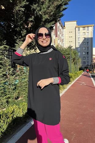 Yaka Ve Kol Cizgi Ribana Detay Helsinki Tunik 85586 Siyah Fu ya Tunik Bilen Exclusive