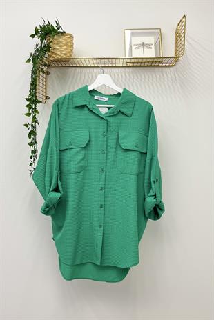 HADİSE Çift Kapak Cepli Gömlek 2140 - Yeşil  Bluz & Gömlek