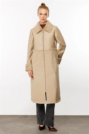 Micca 242569M Deri Garnili Yakası Kürklü Hafif Kaban - Taş - Bilen