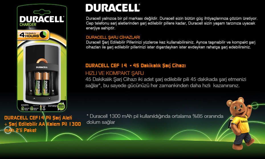 Duracell CEF 14 Şarj Aleti +2 Adet AA 1300 mAh | Tekno Ofis Kırtasiye.com