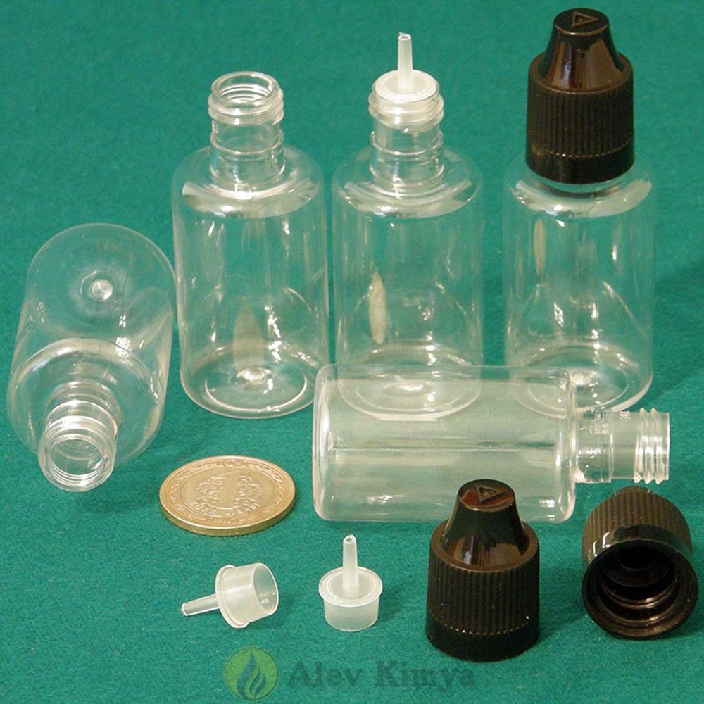 30 ml Şeffaf, İnce Damlalıklı, Bastır Çevir Kapaklı Tombul Şişe